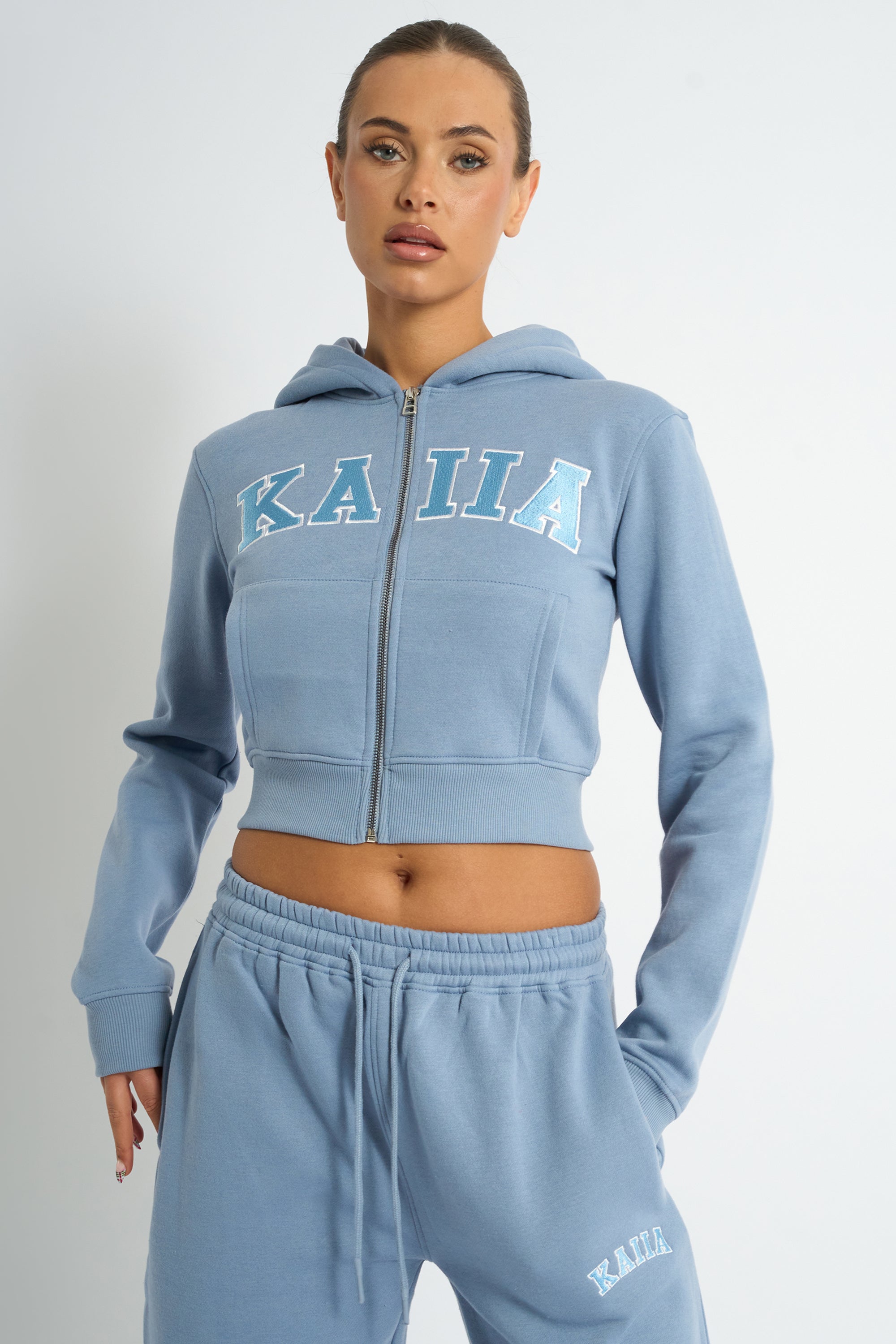 Kaiia Slogan Zip Through Cropped Hoodie Vintage Blue