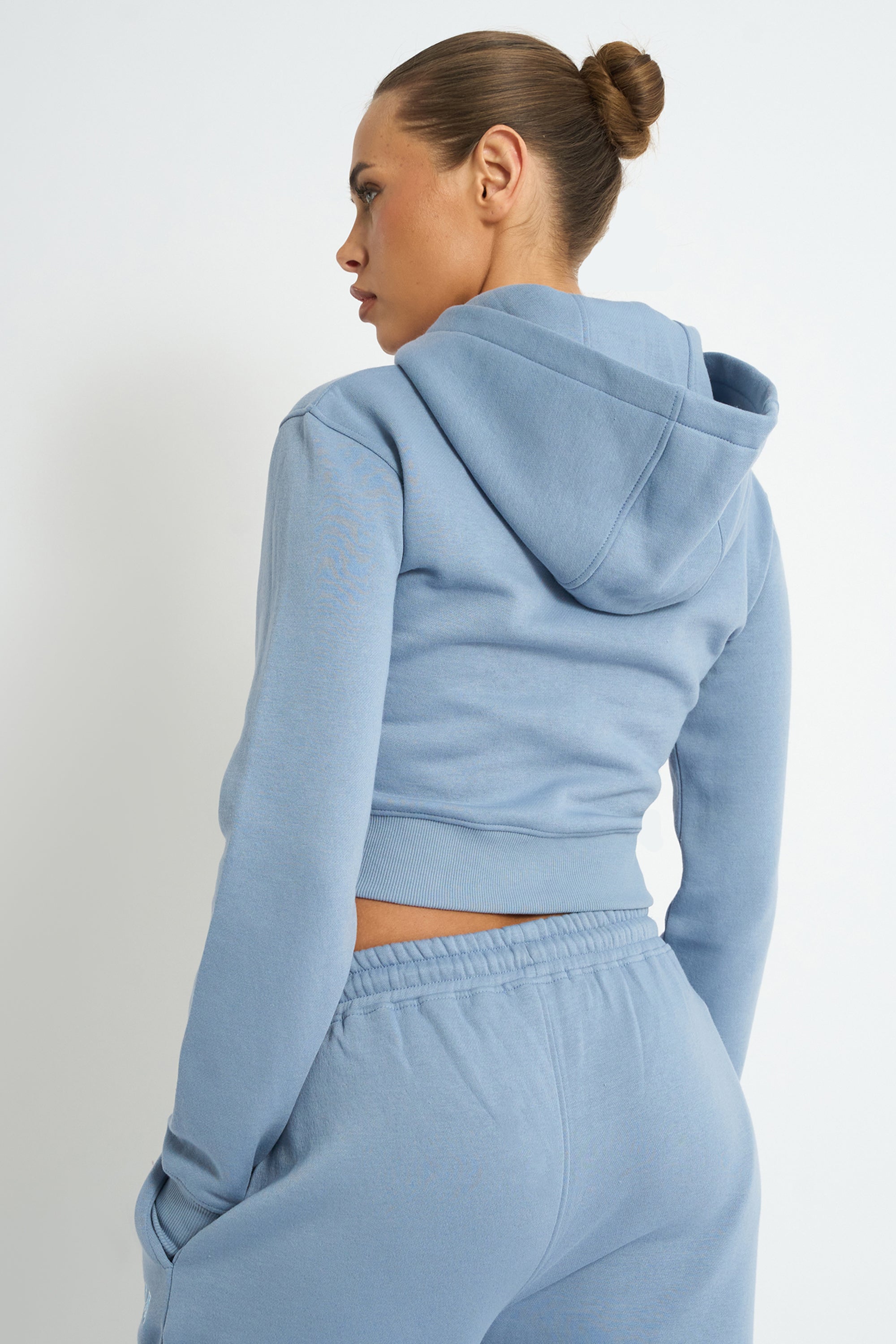 Kaiia Slogan Zip Through Cropped Hoodie Vintage Blue