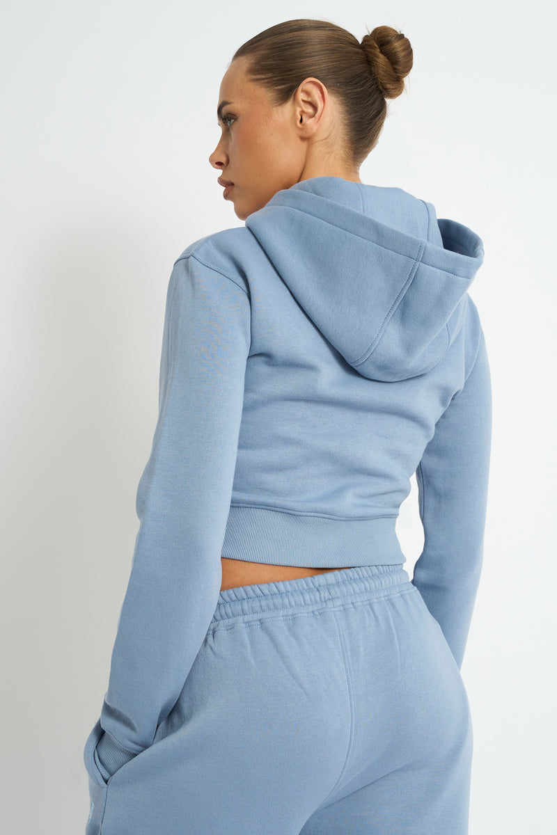 Kaiia Slogan Zip Through Cropped Hoodie Vintage Blue