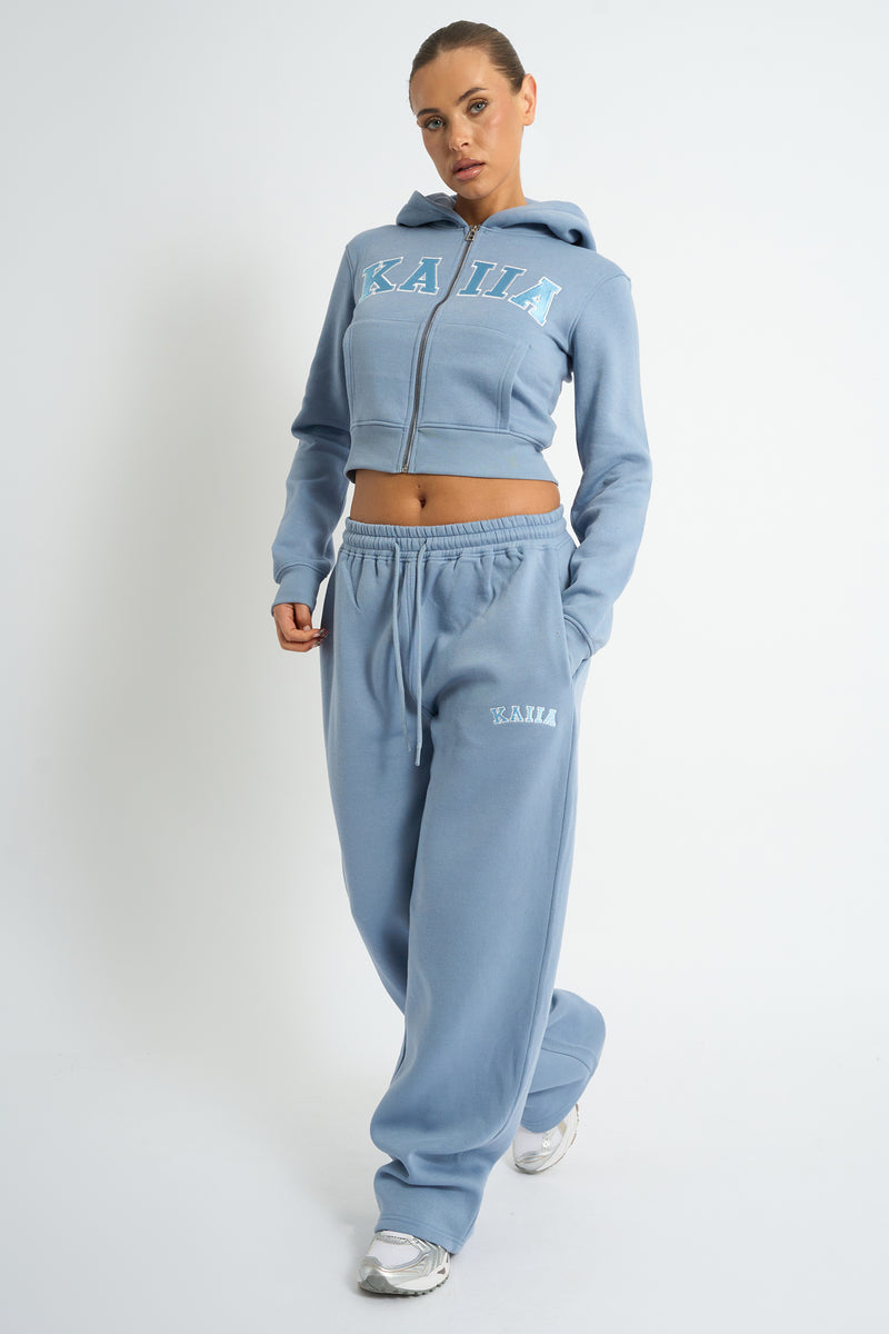 Kaiia Slogan Zip Through Cropped Hoodie Vintage Blue