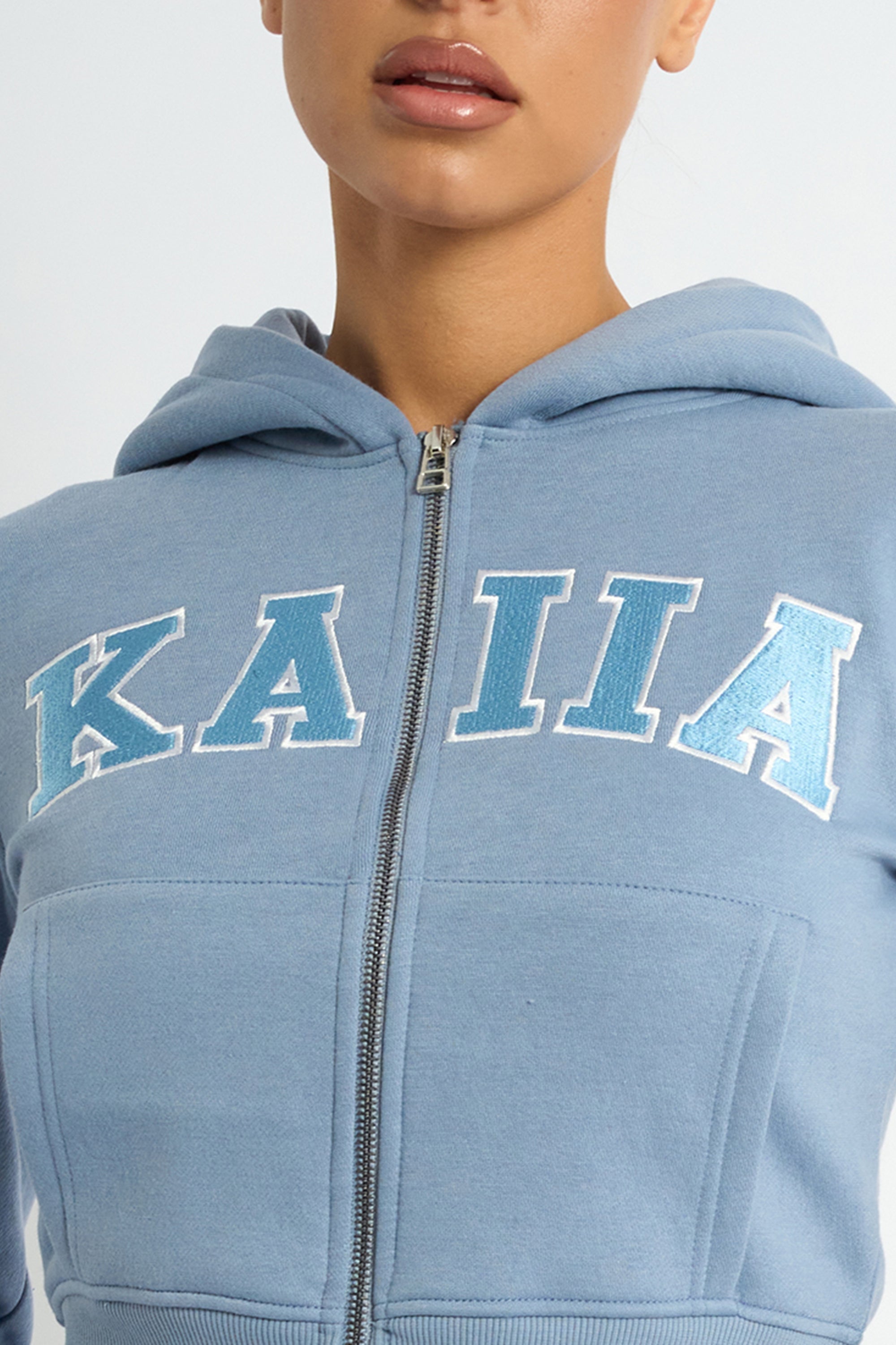 Kaiia Slogan Zip Through Cropped Hoodie Vintage Blue