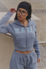 Kaiia Slogan Zip Through Cropped Hoodie Vintage Blue