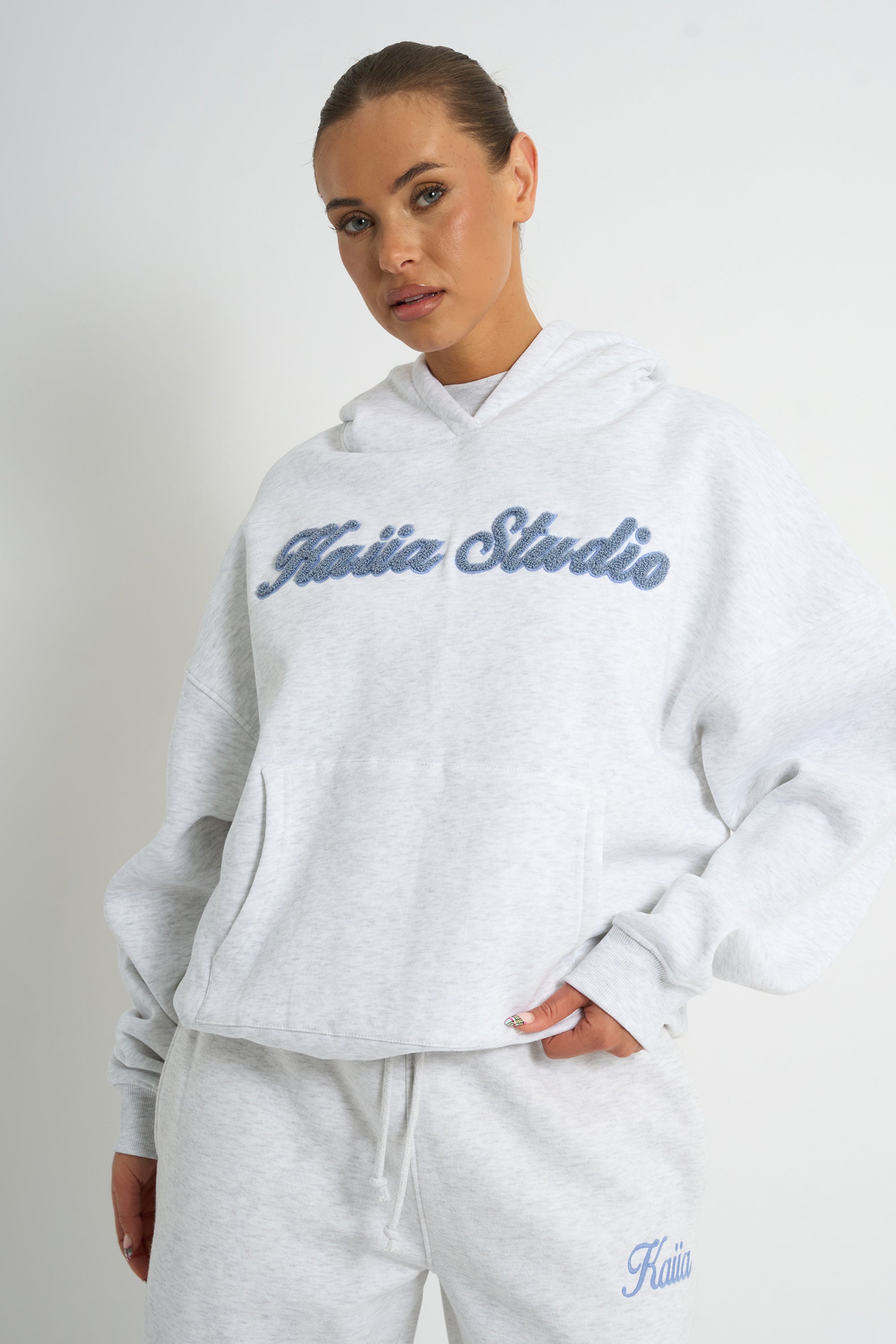 Kaiia Borg Script Logo Oversized Hoodie Light Grey Marl & Vintage Blue