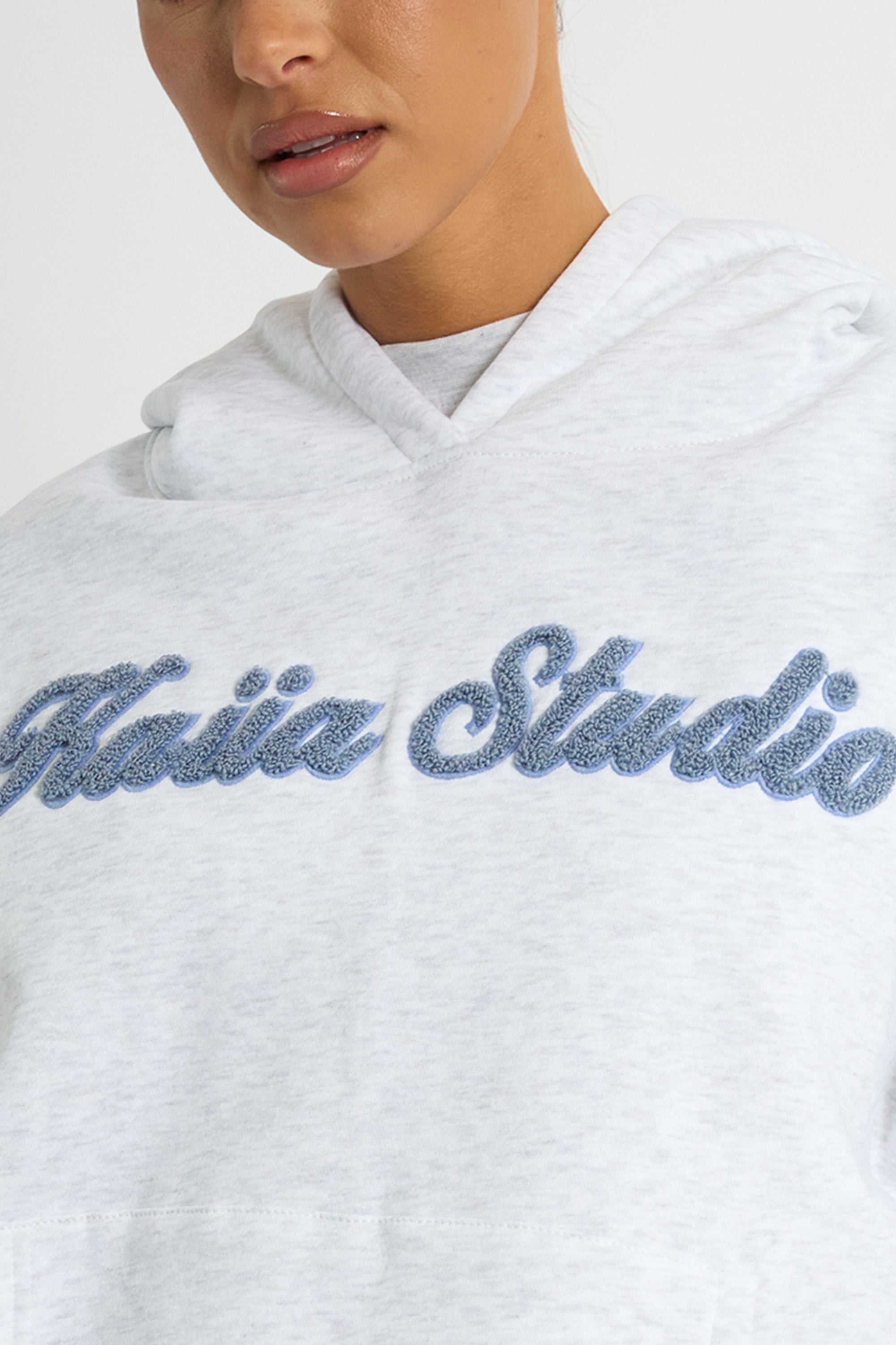 Kaiia Borg Script Logo Oversized Hoodie Light Grey Marl & Vintage Blue