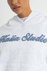 Kaiia Borg Script Logo Oversized Hoodie Light Grey Marl & Vintage Blue