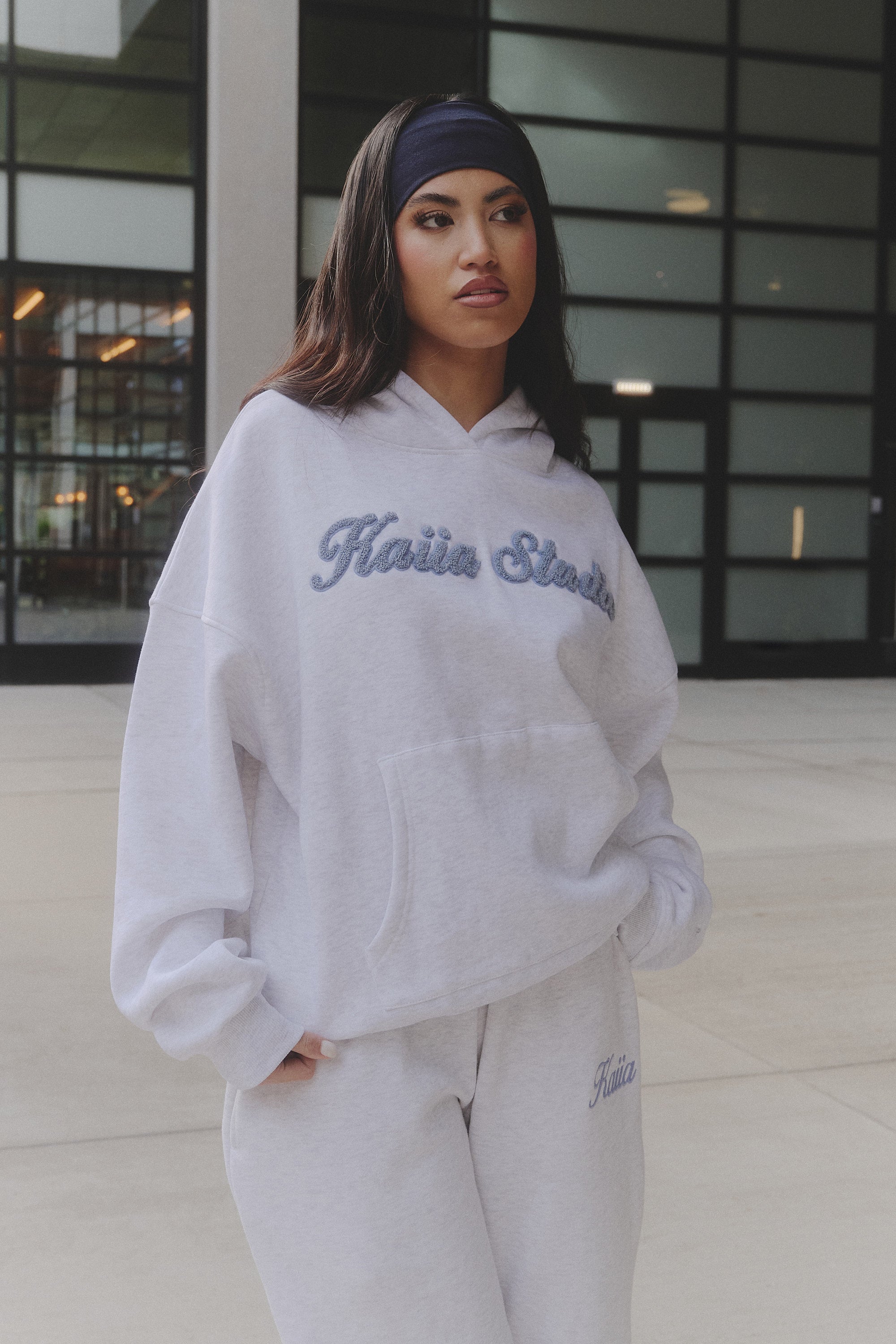 Kaiia Borg Script Logo Oversized Hoodie Light Grey Marl & Vintage Blue