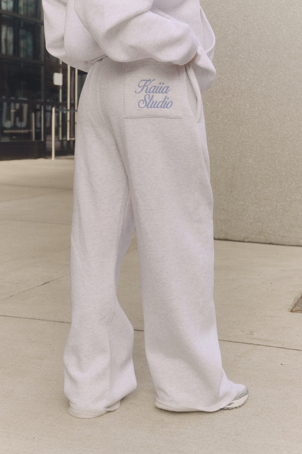 Kaiia Script Logo Wide Leg Joggers Light Grey Marl & Vintage Blue