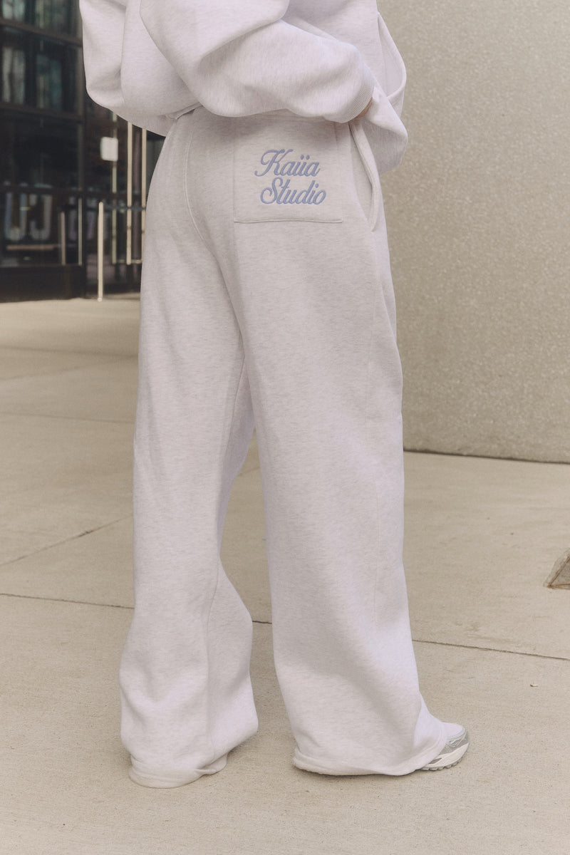 Kaiia Script Logo Wide Leg Joggers Light Grey Marl & Vintage Blue