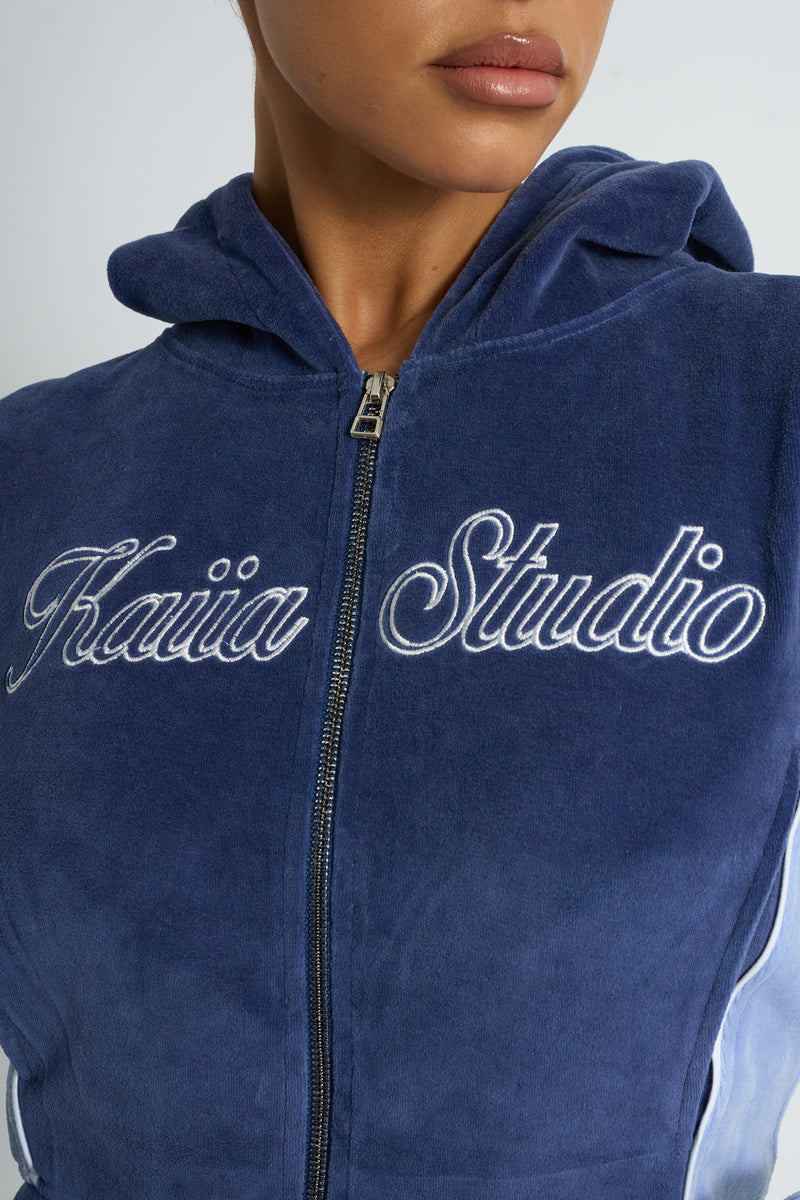 Kaiia Script Logo Panelled Velour Zip Up Hoodie Navy