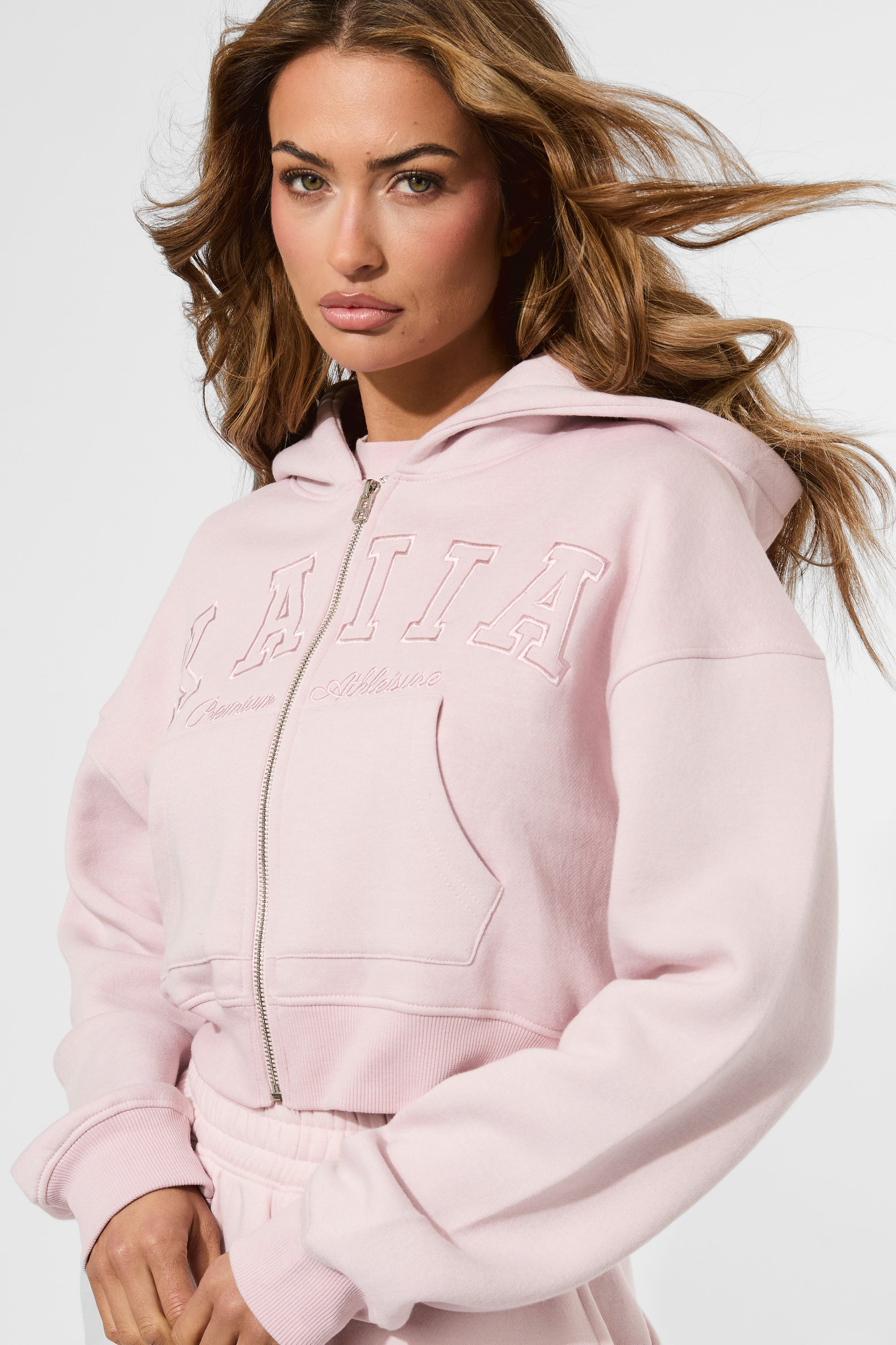 Kaiia Slogan Zip Through Cropped Hoodie Pink Chai