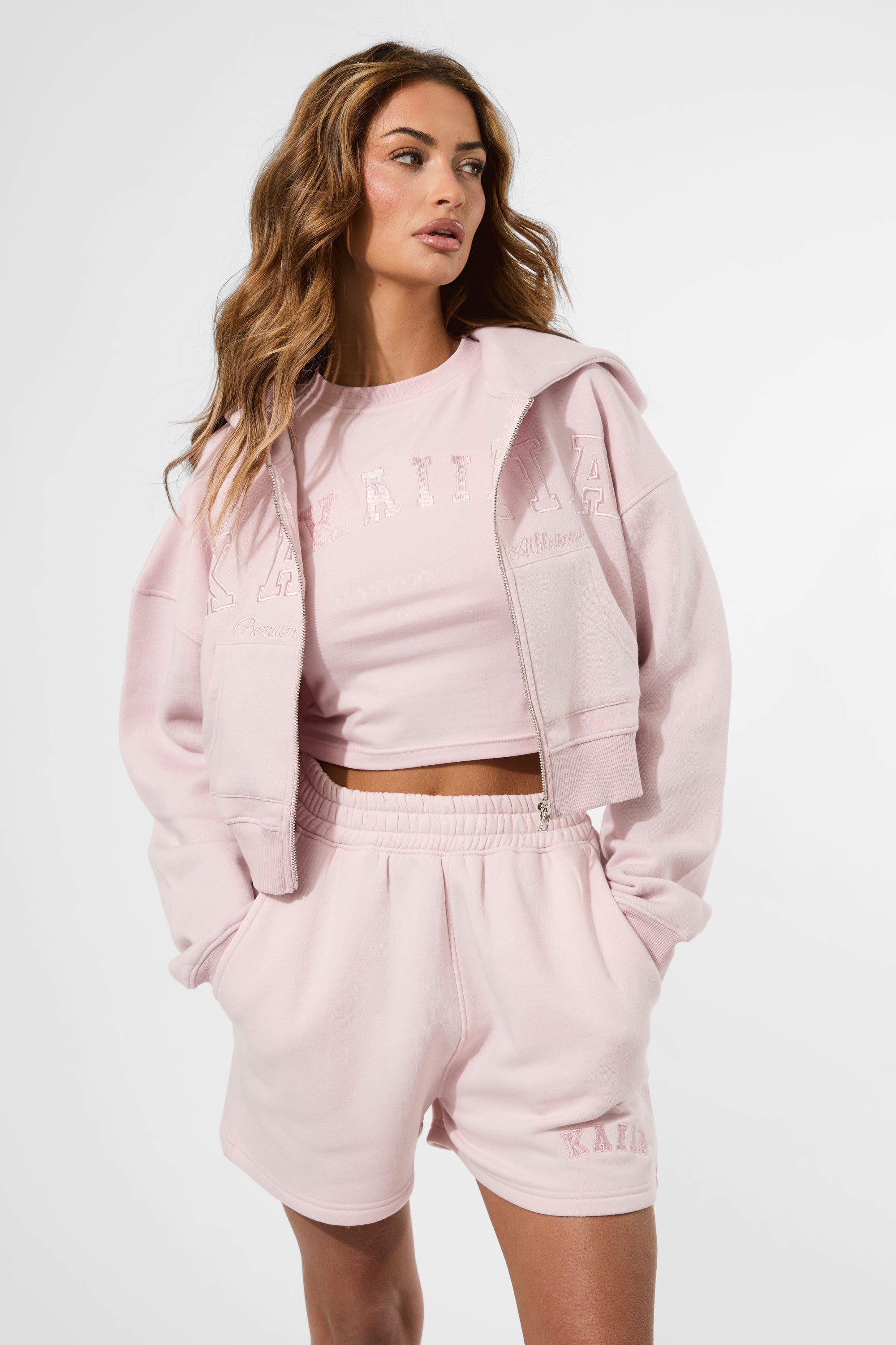 Kaiia Slogan Zip Through Cropped Hoodie Pink Chai