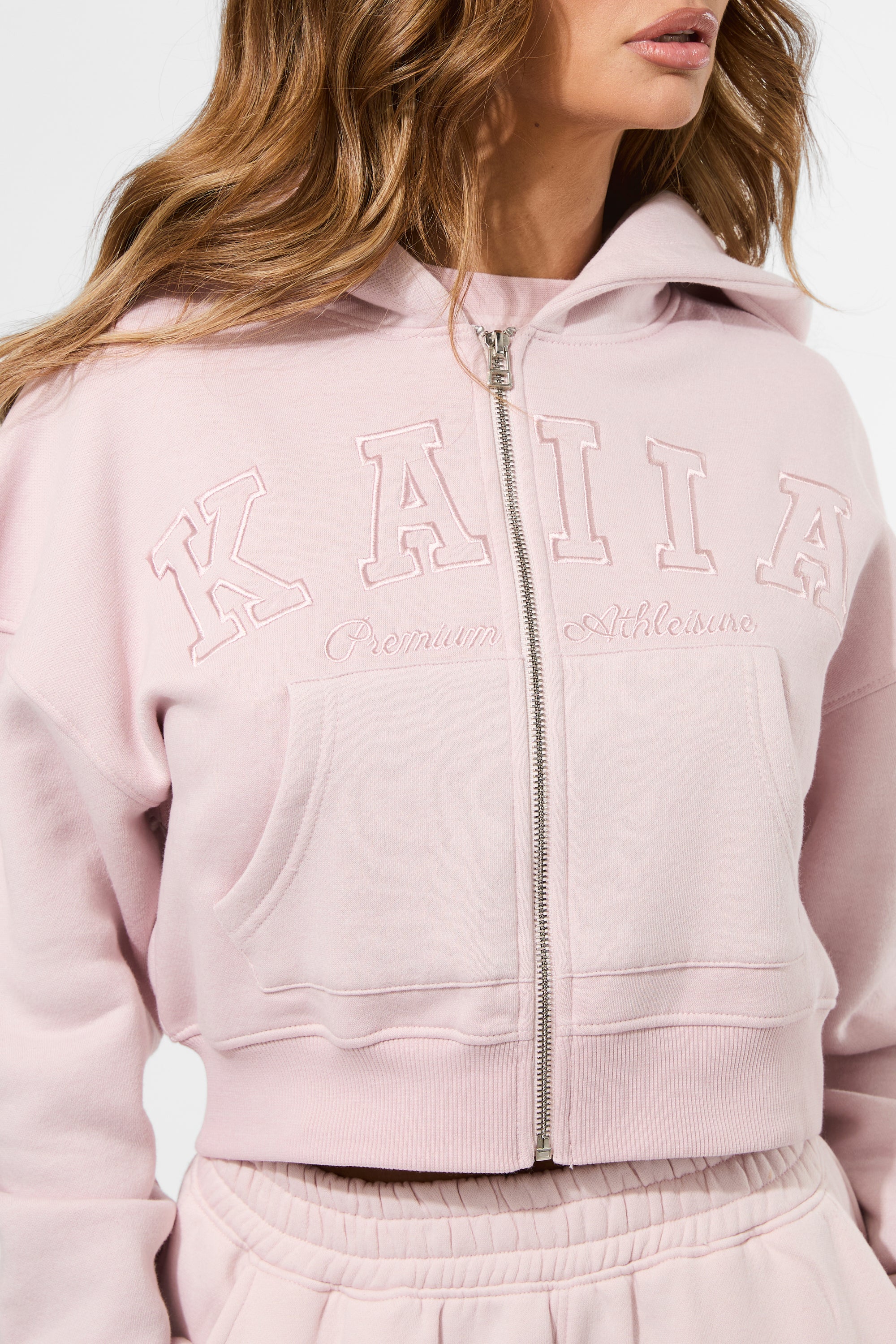 Kaiia Slogan Zip Through Cropped Hoodie Pink Chai