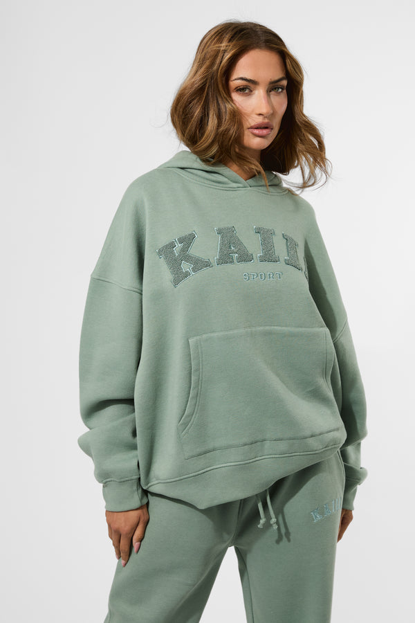 Kaiia Borg Slogan Oversized Hoodie Green Tea