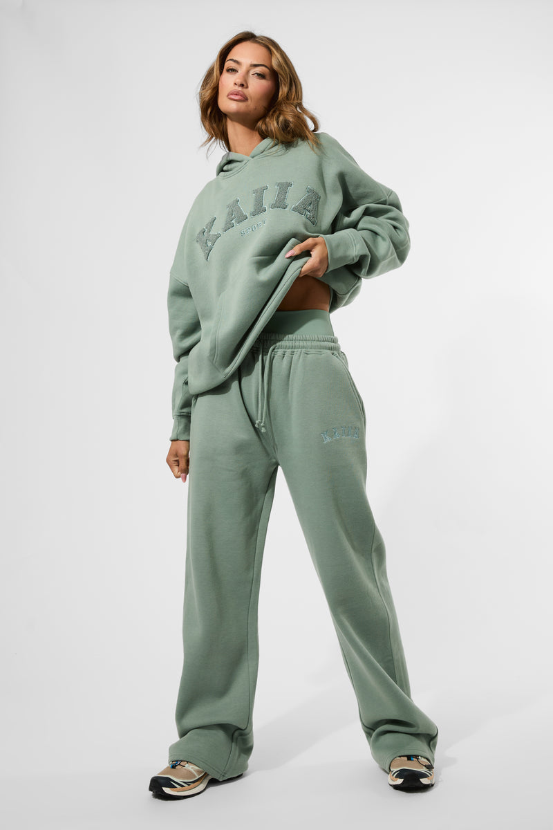 Kaiia Borg Slogan Oversized Hoodie Green Tea