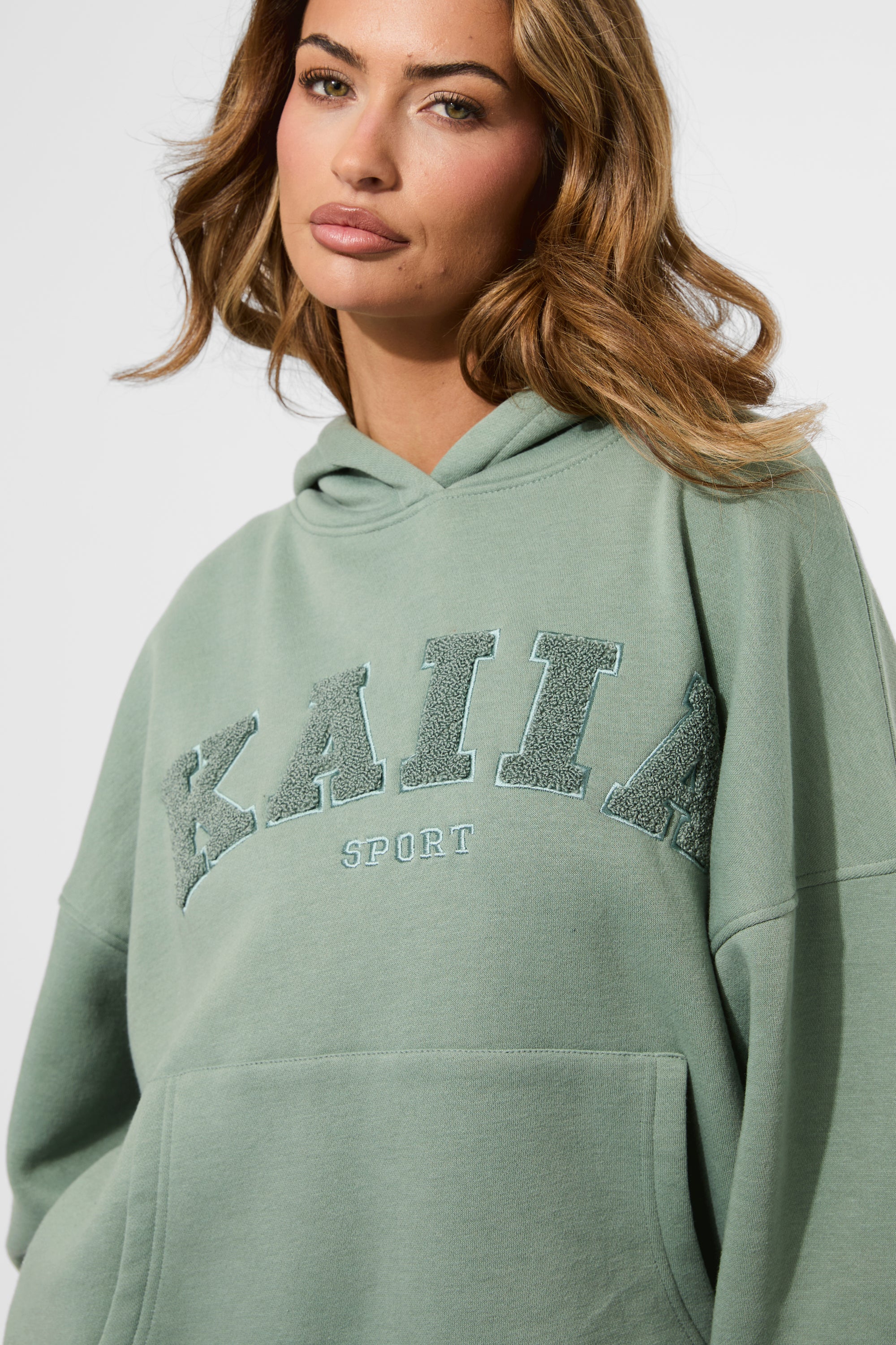 Kaiia Borg Slogan Oversized Hoodie Green Tea