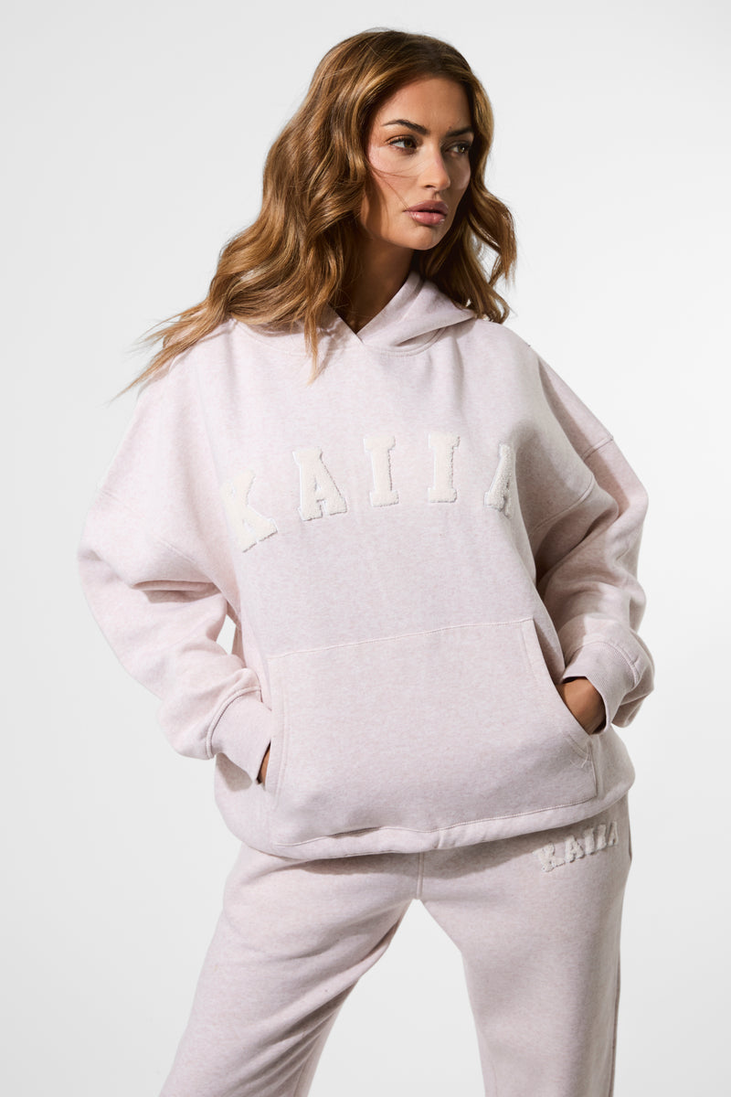 Kaiia Borg Slogan Oversized Hoodie Oat