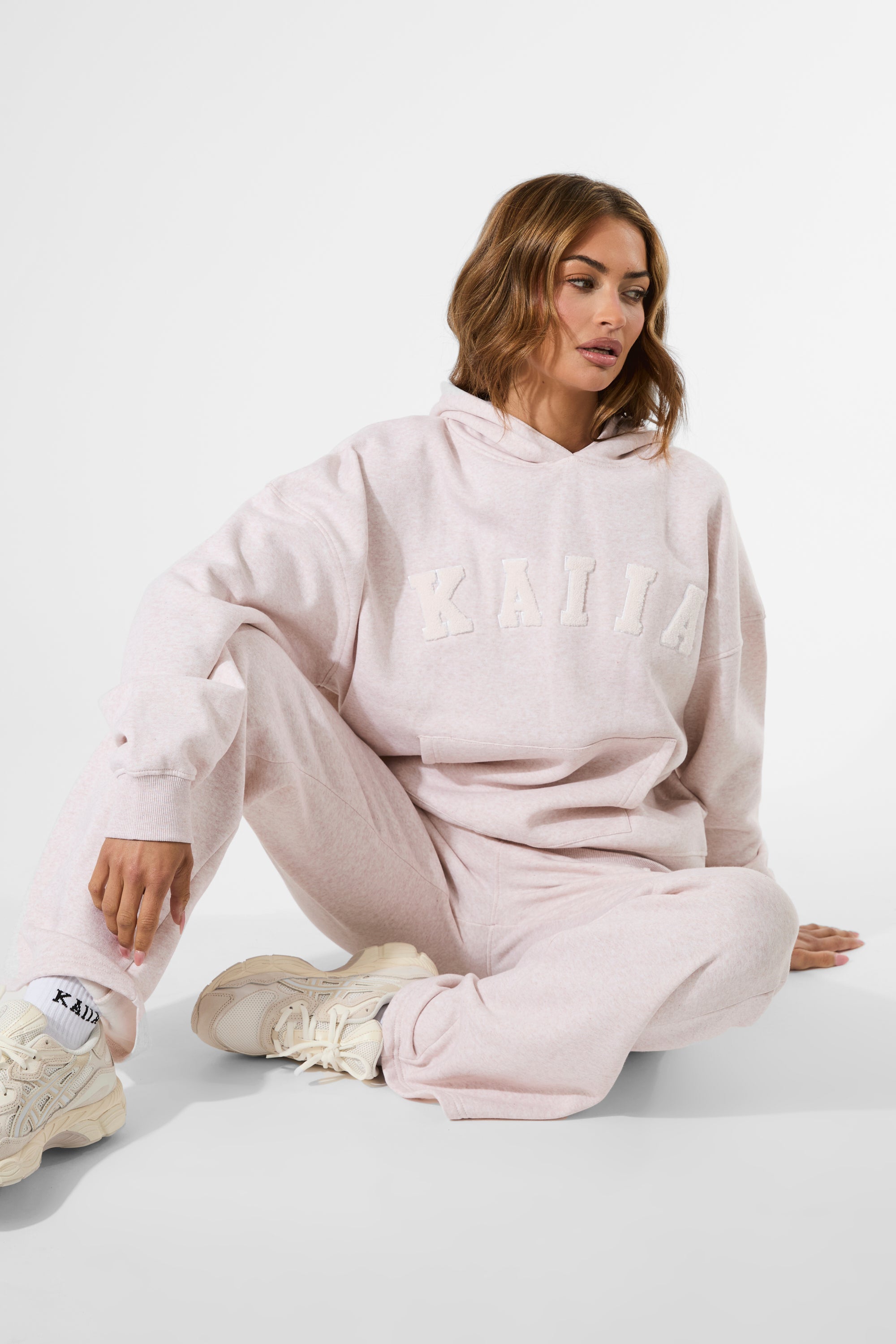 Kaiia Borg Slogan Oversized Hoodie Oat