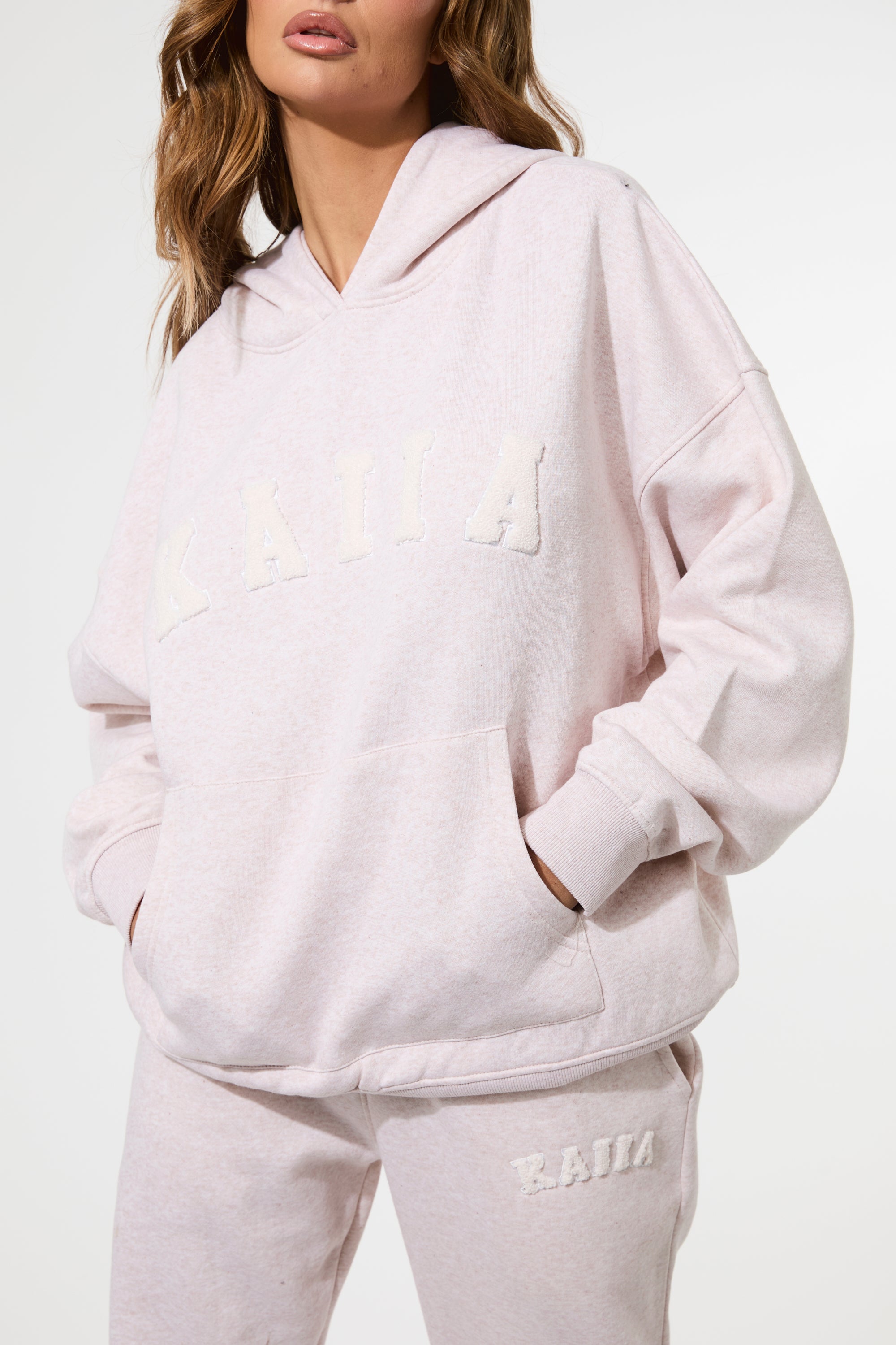 Kaiia Borg Slogan Oversized Hoodie Oat