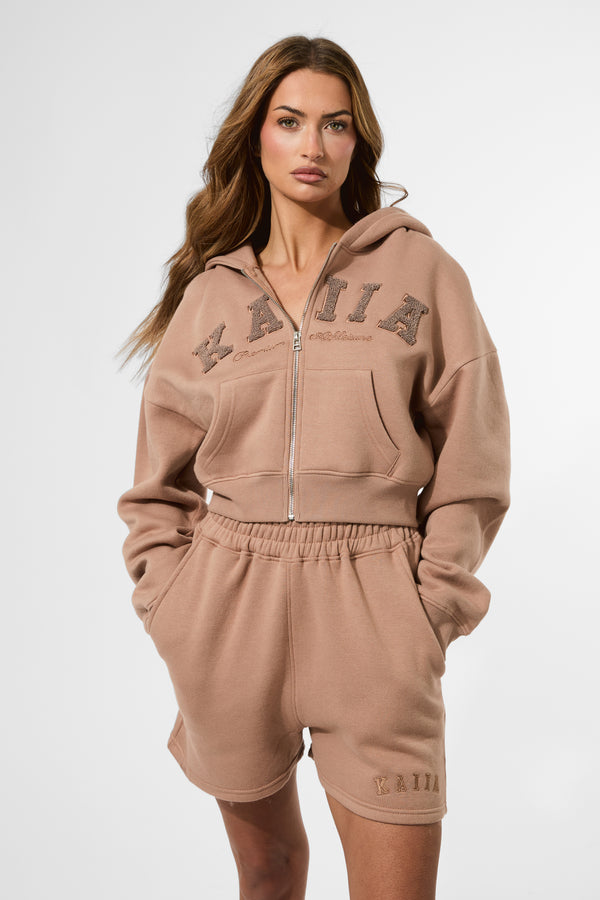 Kaiia Slogan Zip Through Cropped Hoodie Latte