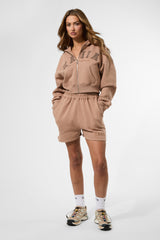 Kaiia Slogan Zip Through Cropped Hoodie Latte