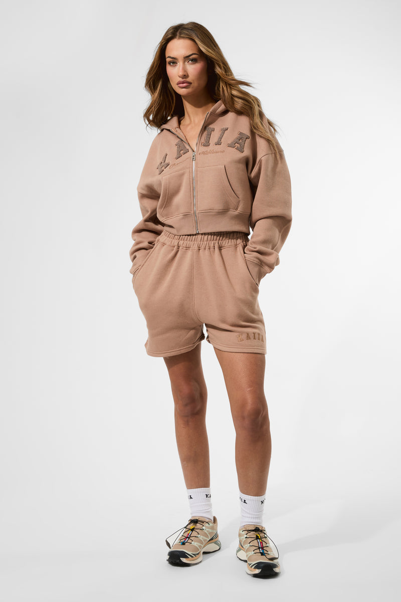 Kaiia Slogan Zip Through Cropped Hoodie Latte