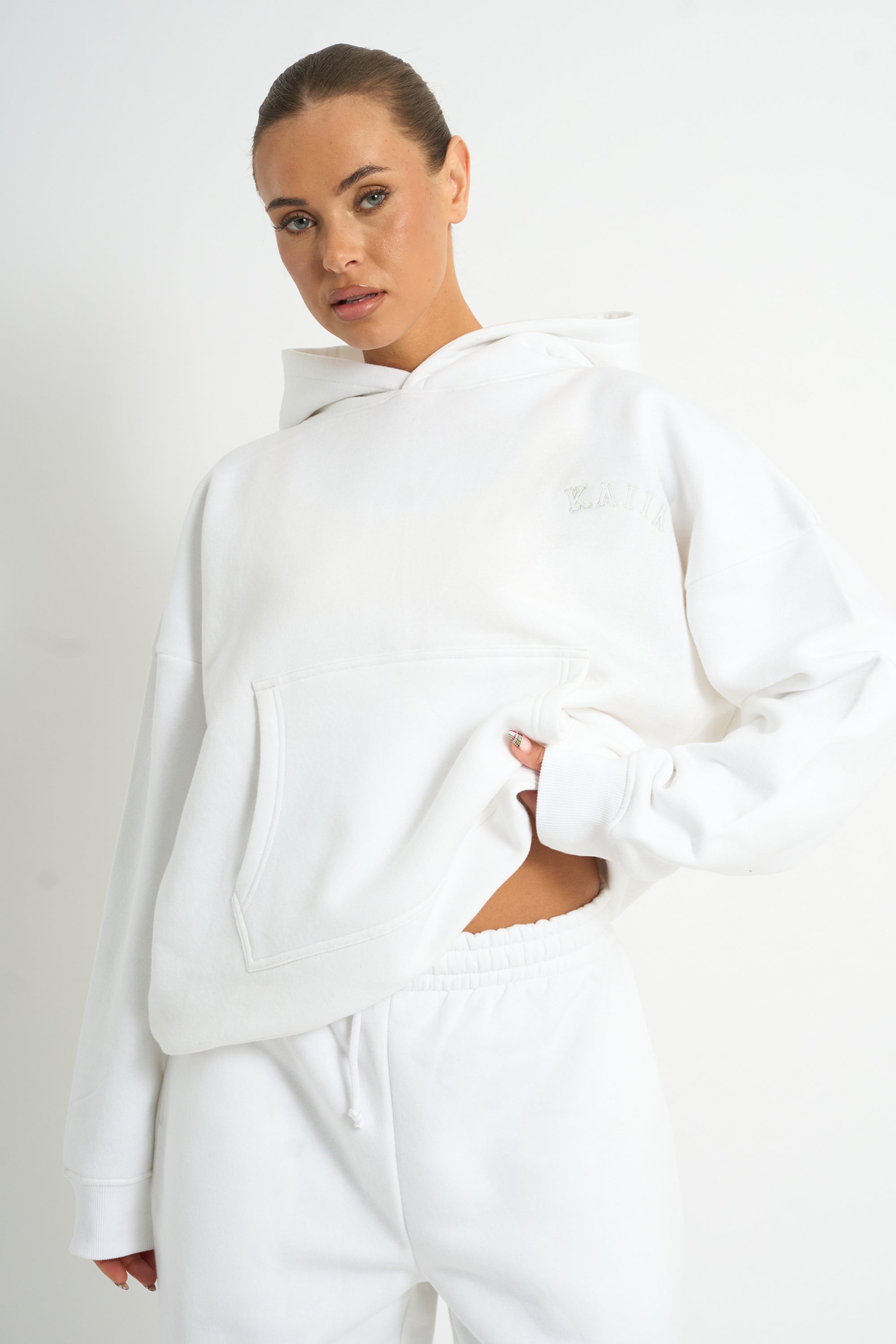 Kaiia Logo Embossed Oversized Hoodie White