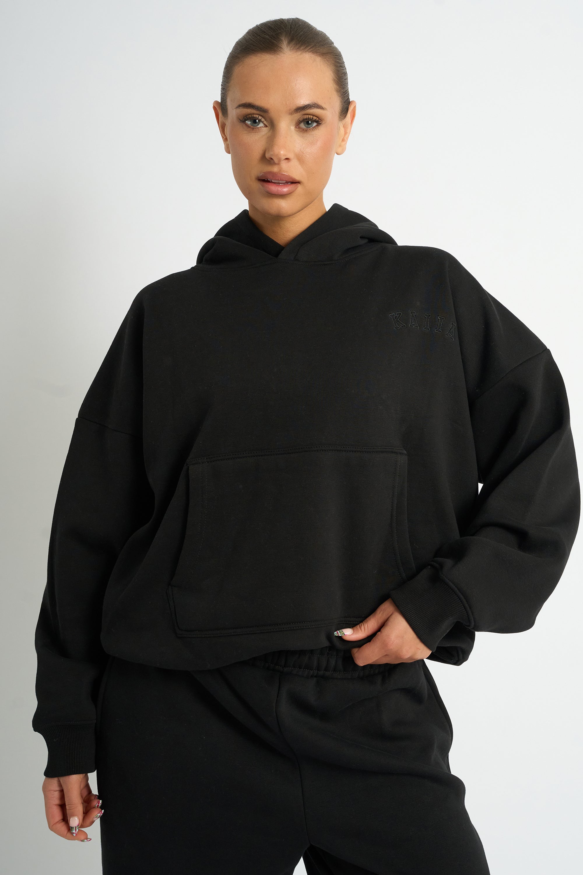 Kaiia Logo Embossed Oversized Hoodie Black