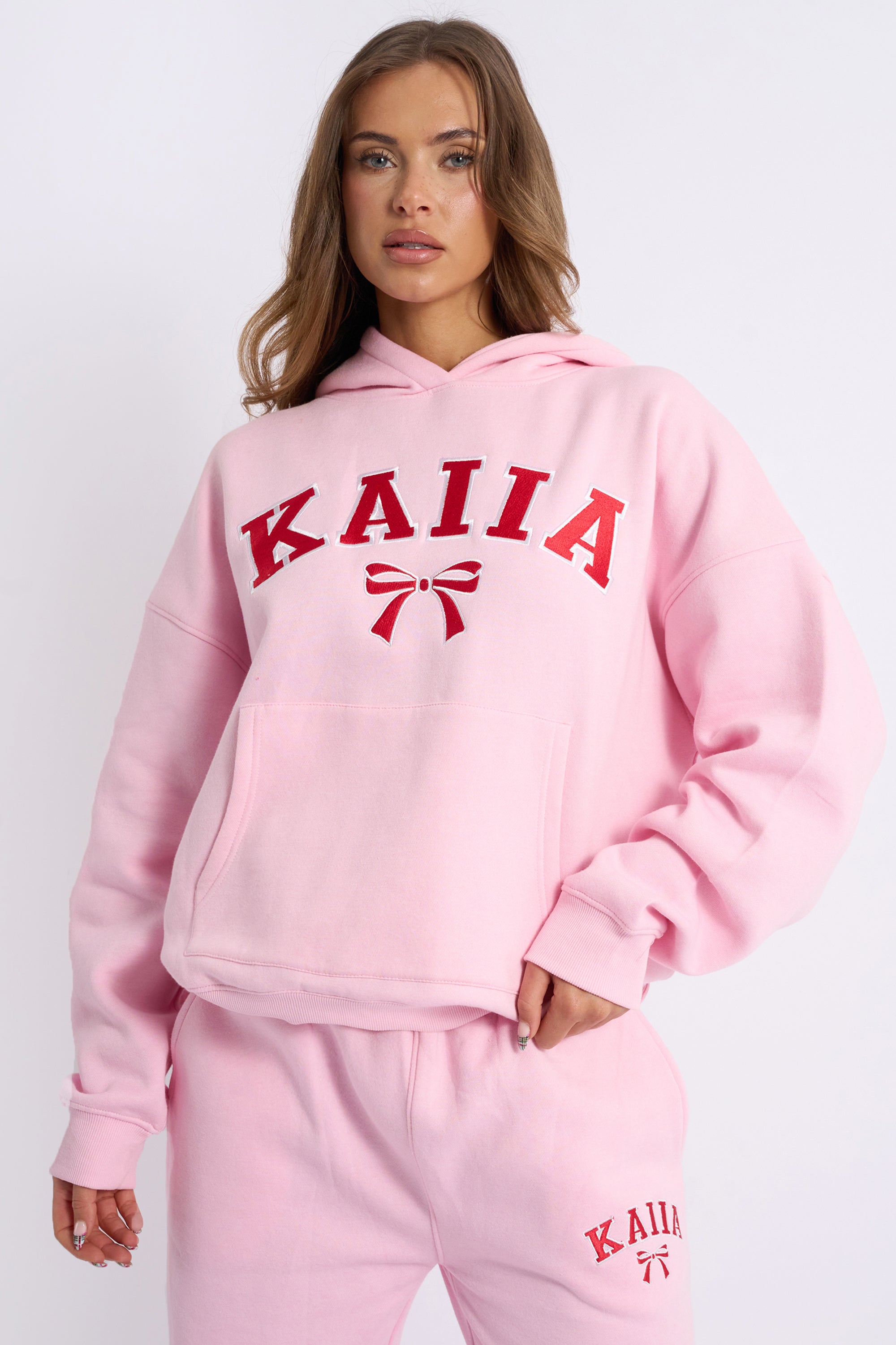 Kaiia Bow Embroidered Oversized Hoodie Baby Pink & Red