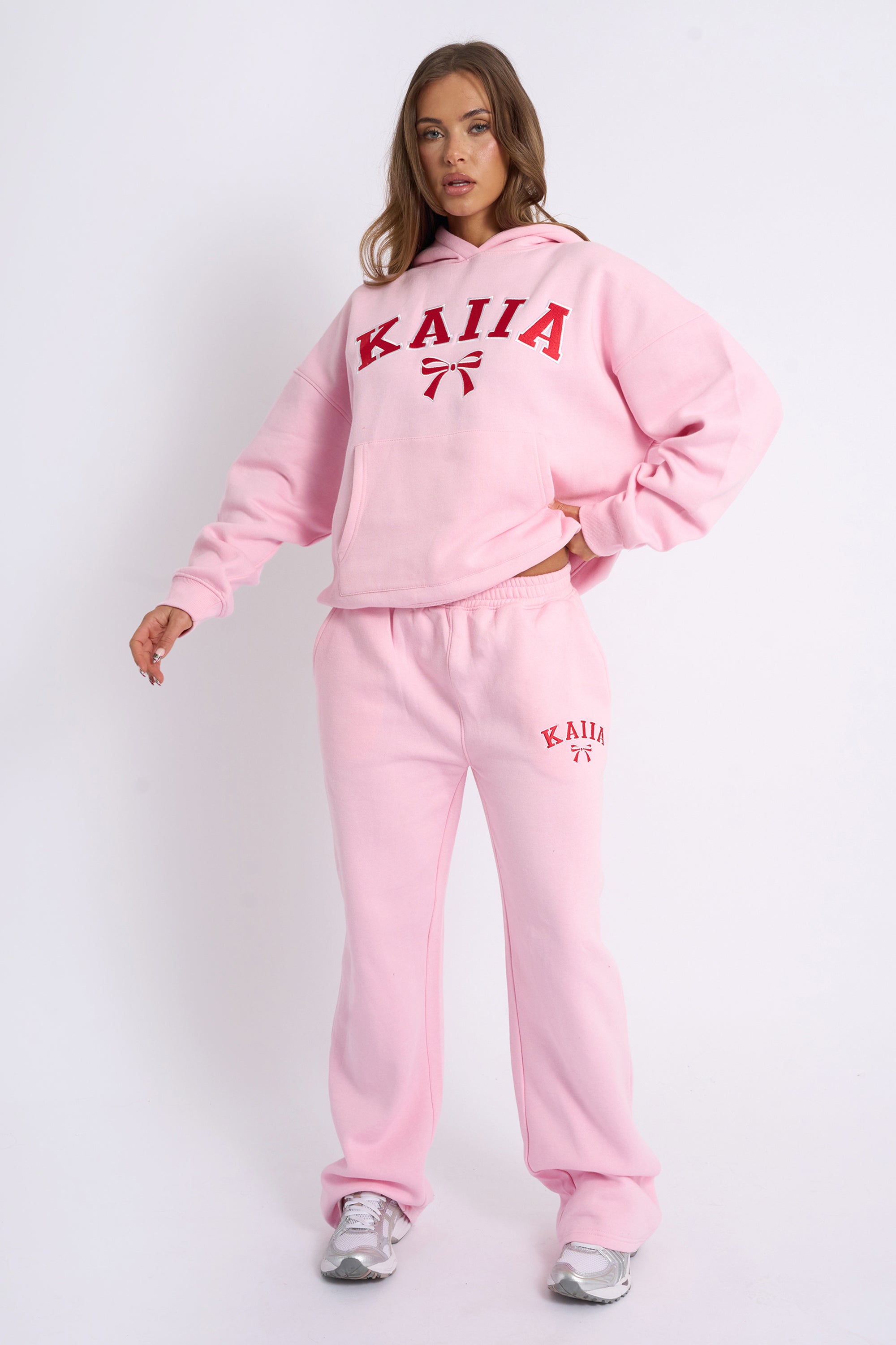 Kaiia Bow Embroidered Oversized Hoodie Baby Pink & Red