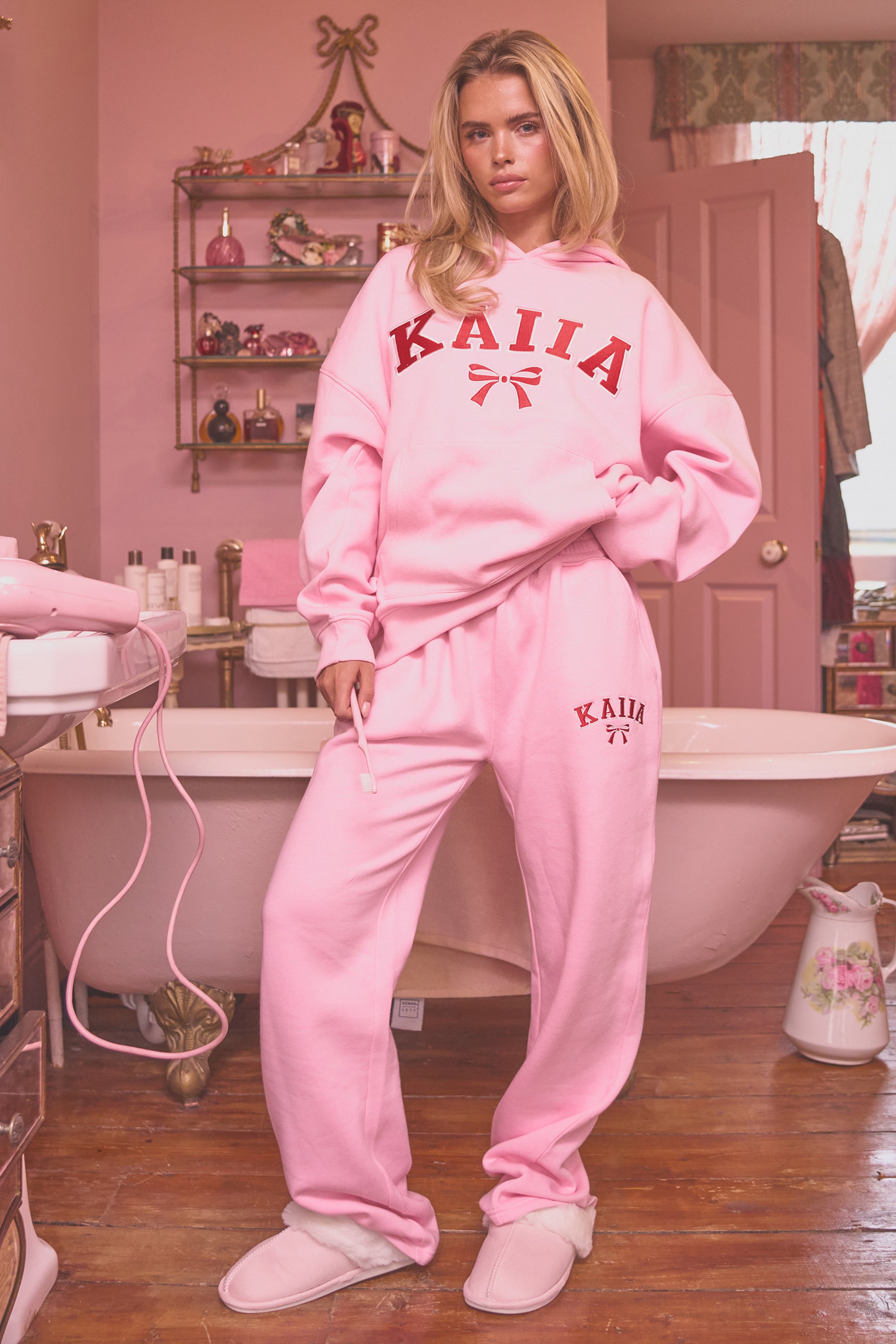 Kaiia Bow Embroidered Oversized Hoodie Baby Pink & Red