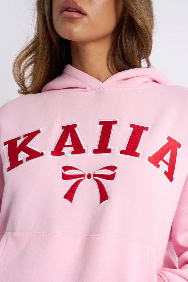 Kaiia Bow Embroidered Oversized Hoodie Baby Pink & Red