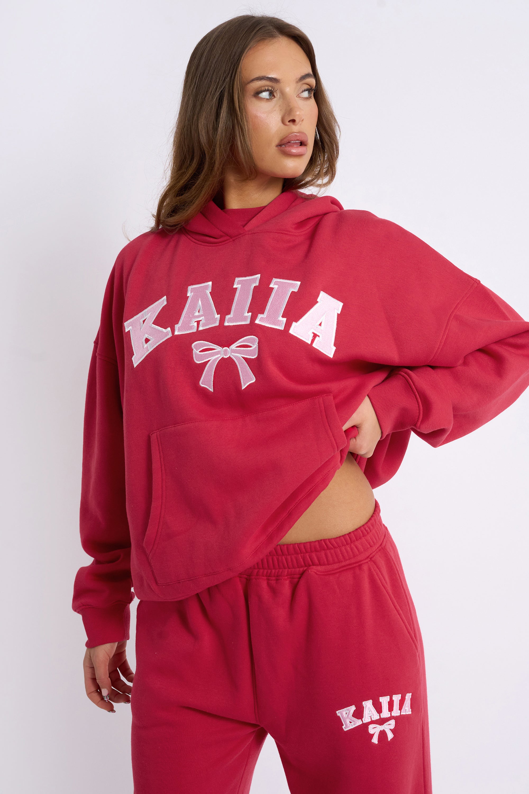 Kaiia Bow Embroidered Oversized Hoodie Red & Baby Pink