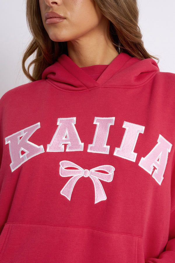 Kaiia Bow Embroidered Oversized Hoodie Red & Baby Pink