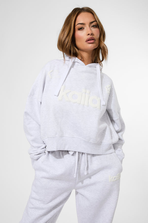 Kaiia Puff Print Cropped Oversized Hoodie Ash Grey Marl