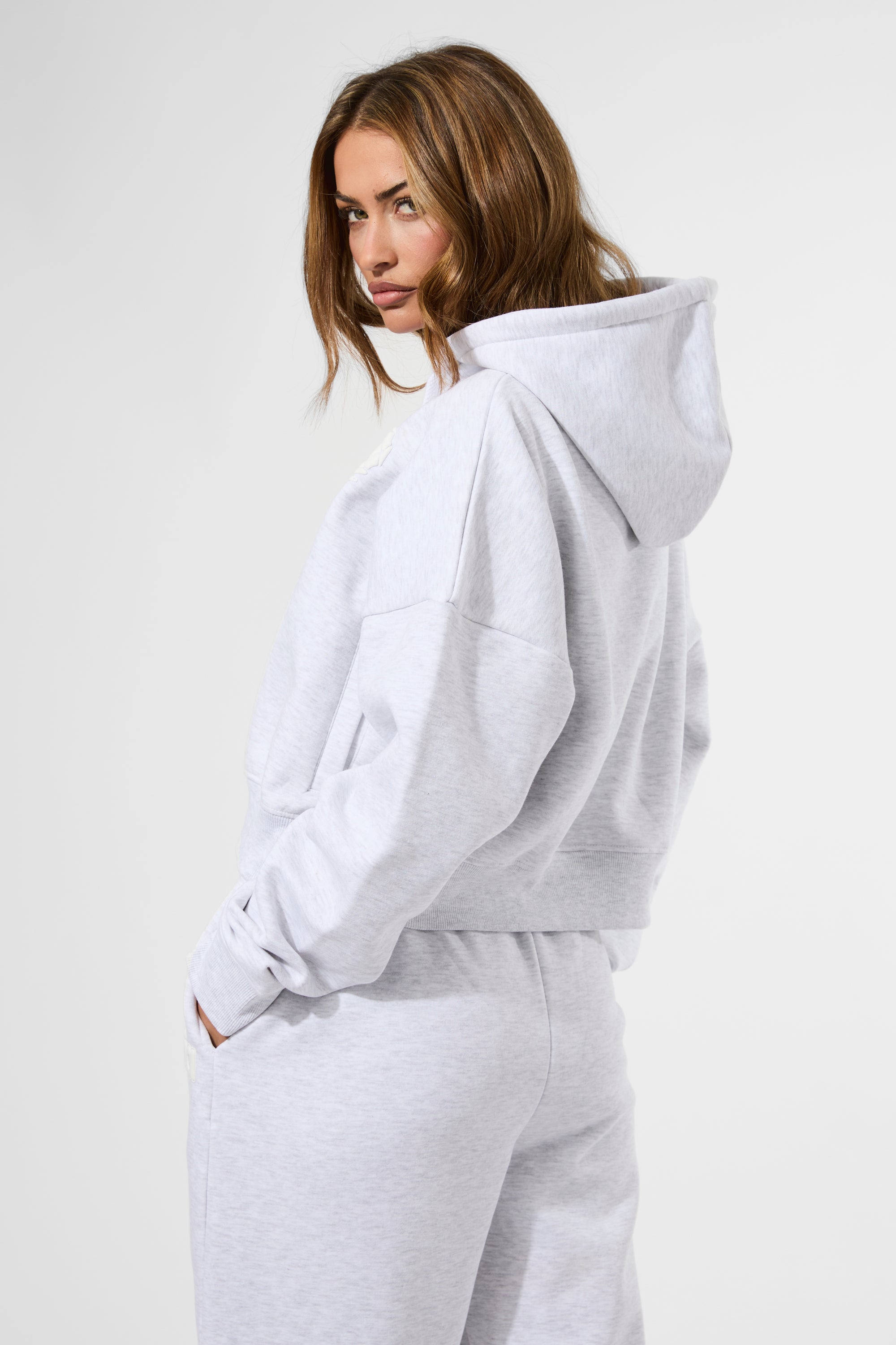 Kaiia Puff Print Cropped Oversized Hoodie Ash Grey Marl