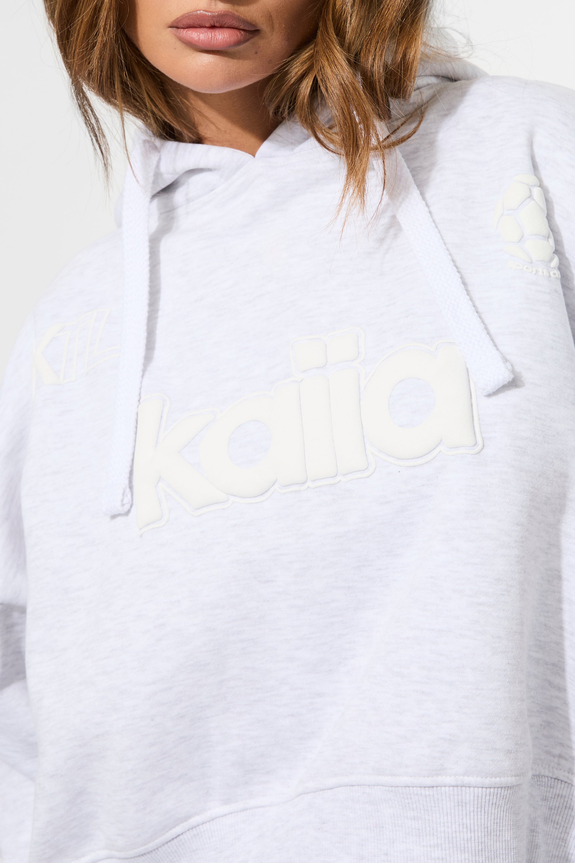 Kaiia Puff Print Cropped Oversized Hoodie Ash Grey Marl