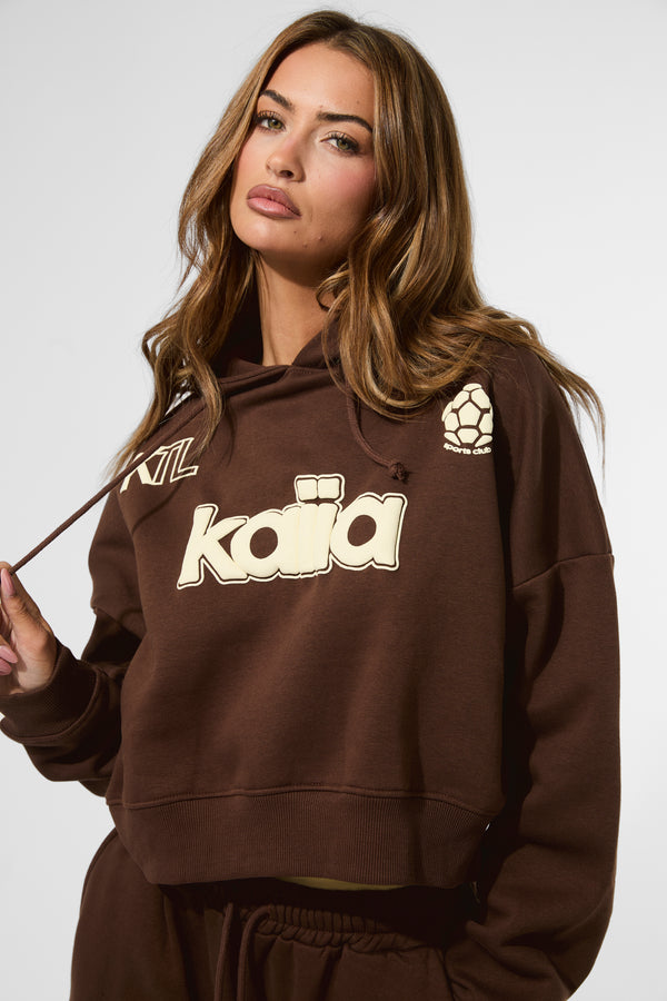 Kaiia Puff Print Cropped Oversized Hoodie Brown