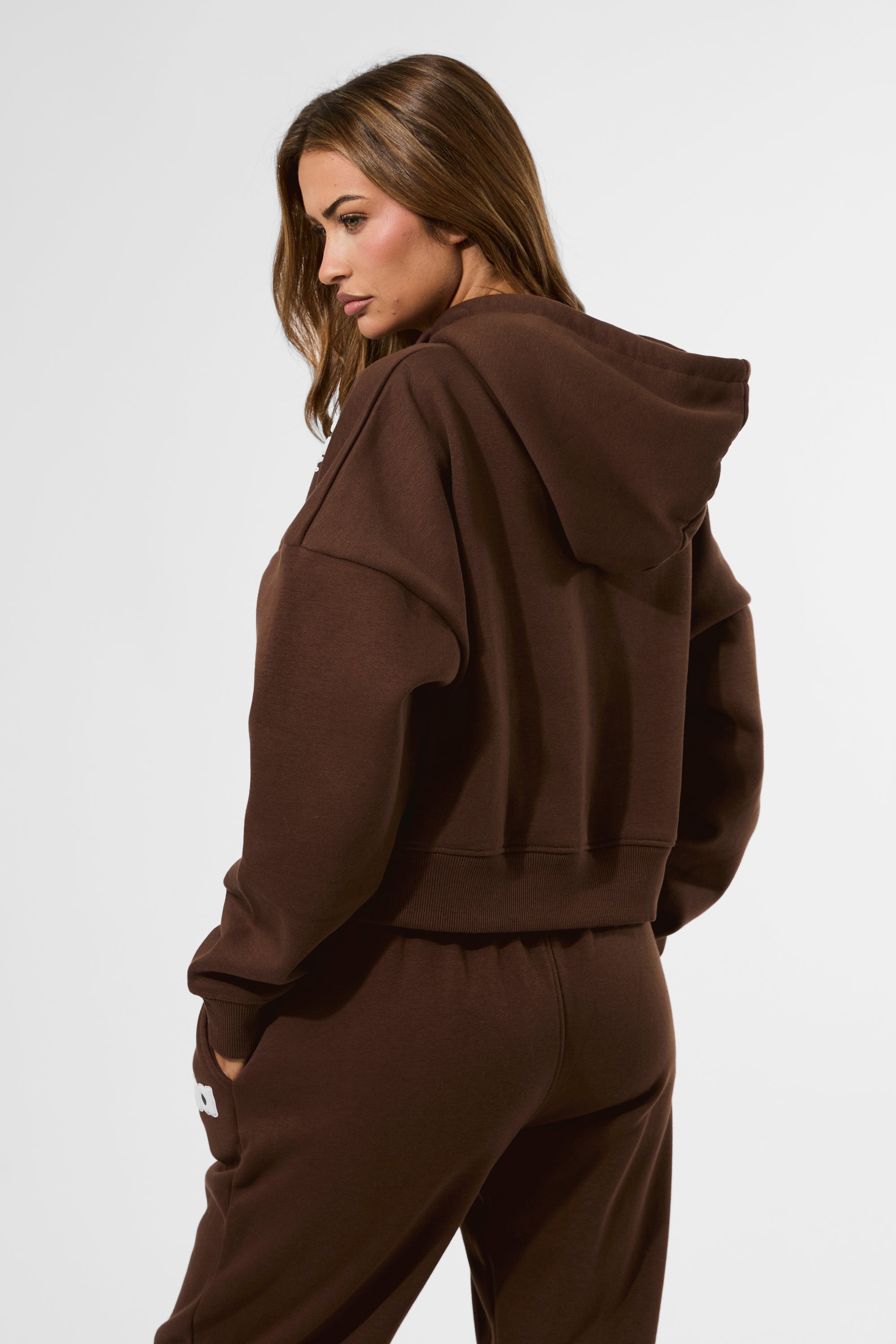 Kaiia Puff Print Cropped Oversized Hoodie Brown