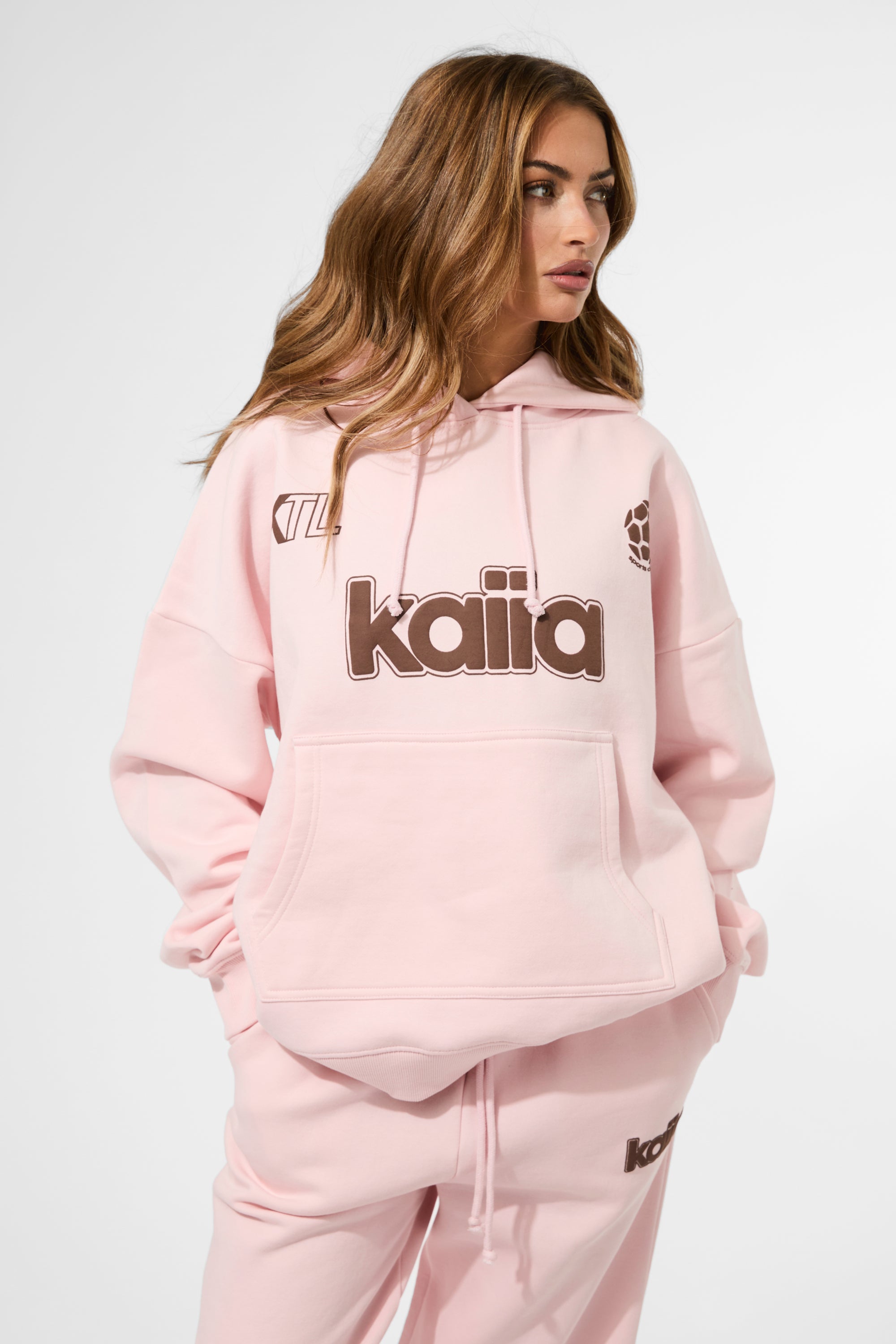 Kaiia Puff Print Oversized Hoodie Baby Pink