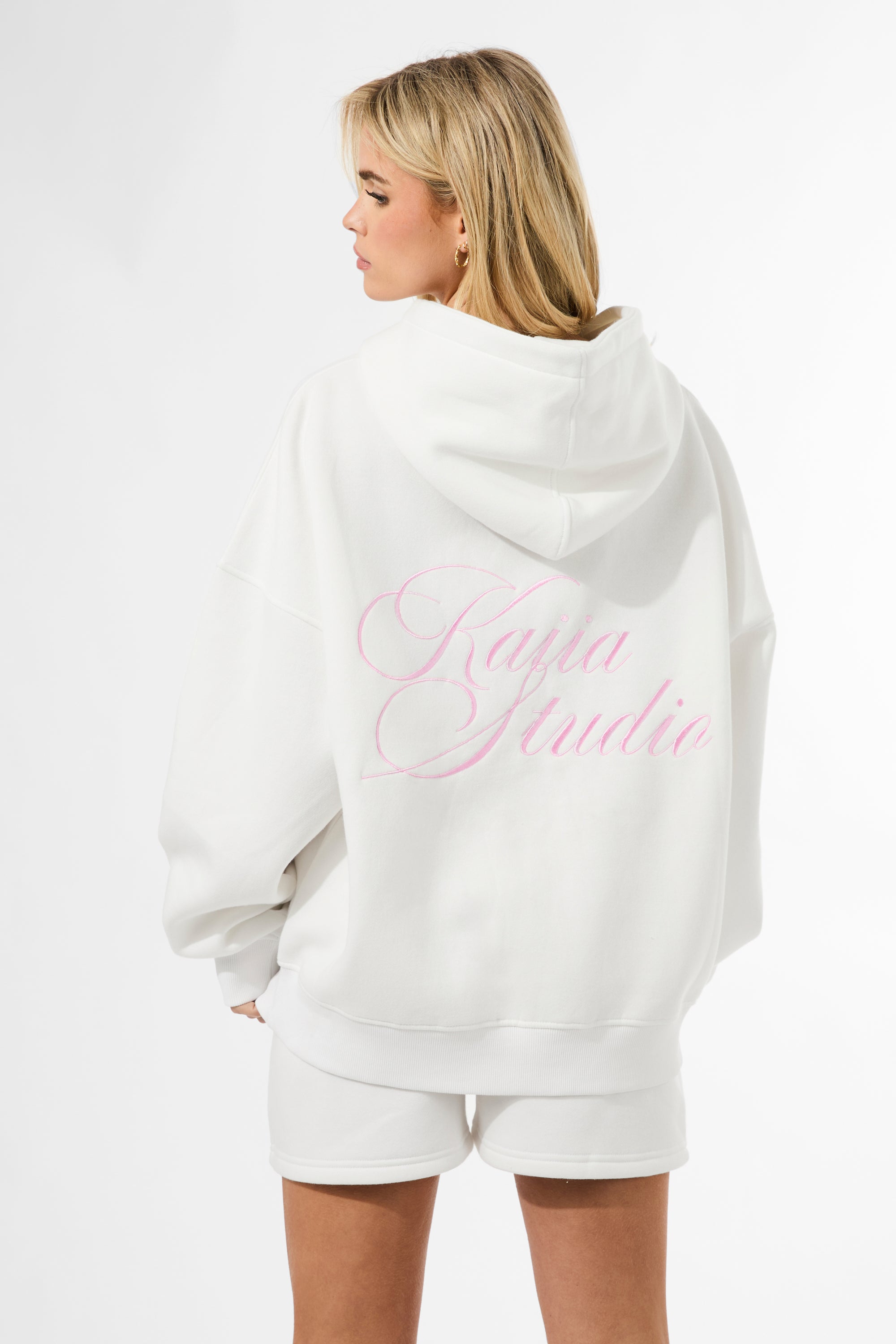 Kaiia Studio Script Logo Oversized Hoodie White & Pink