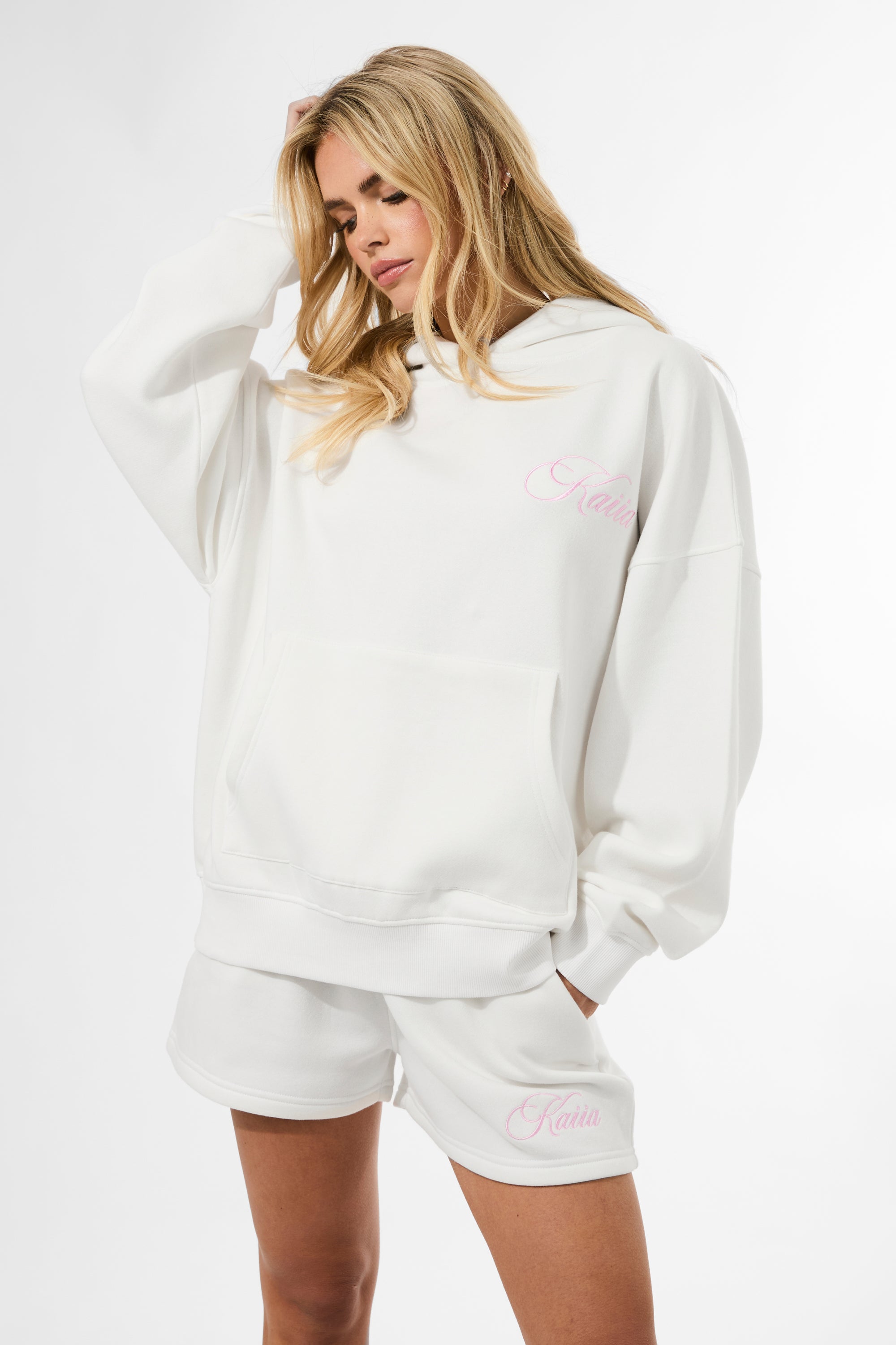 Kaiia Studio Script Logo Oversized Hoodie White & Pink