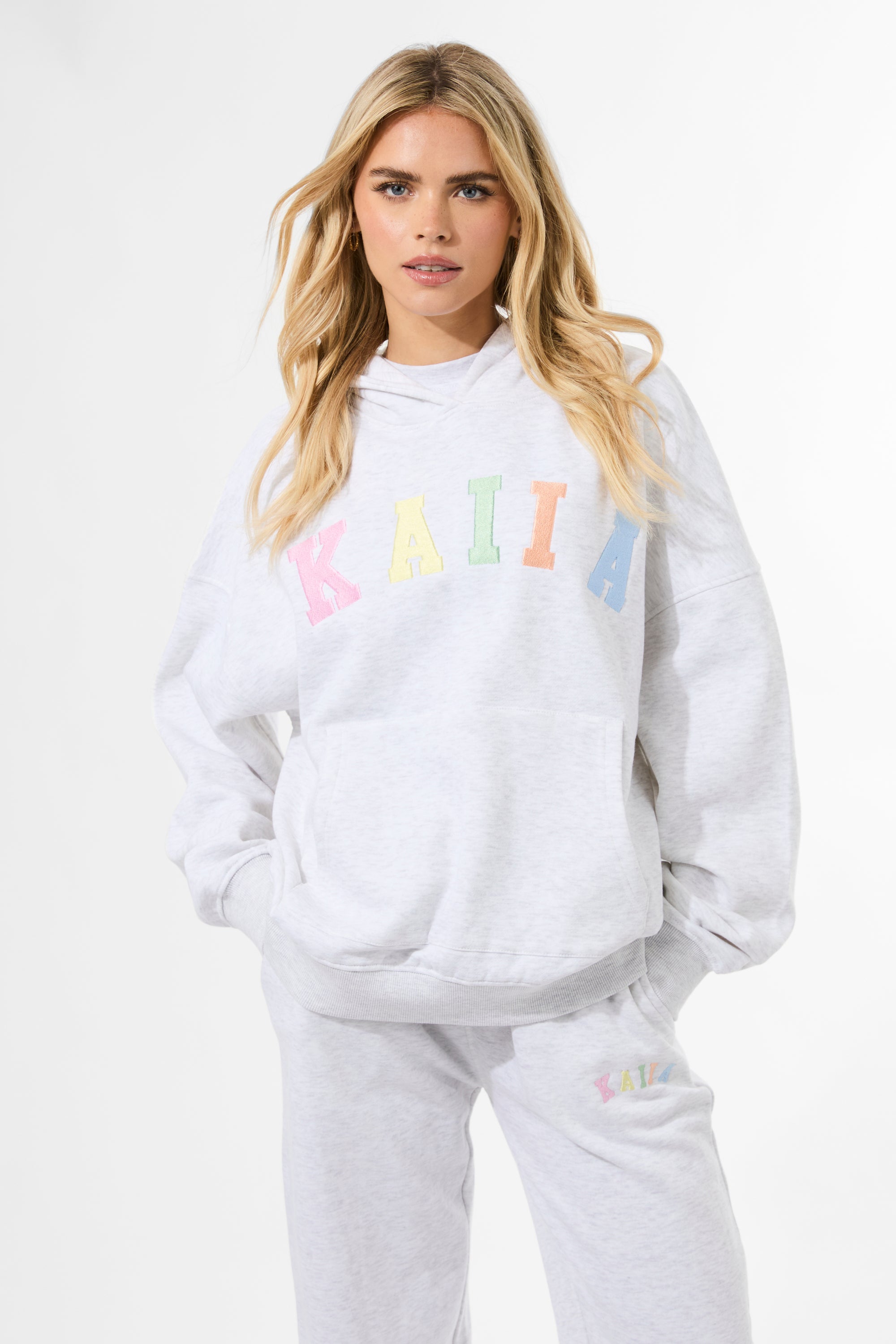 Kaiia Rainbow Logo Oversized Hoodie Light Grey Marl