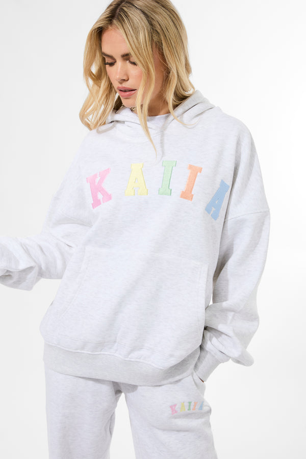 Kaiia Rainbow Logo Oversized Hoodie Light Grey Marl