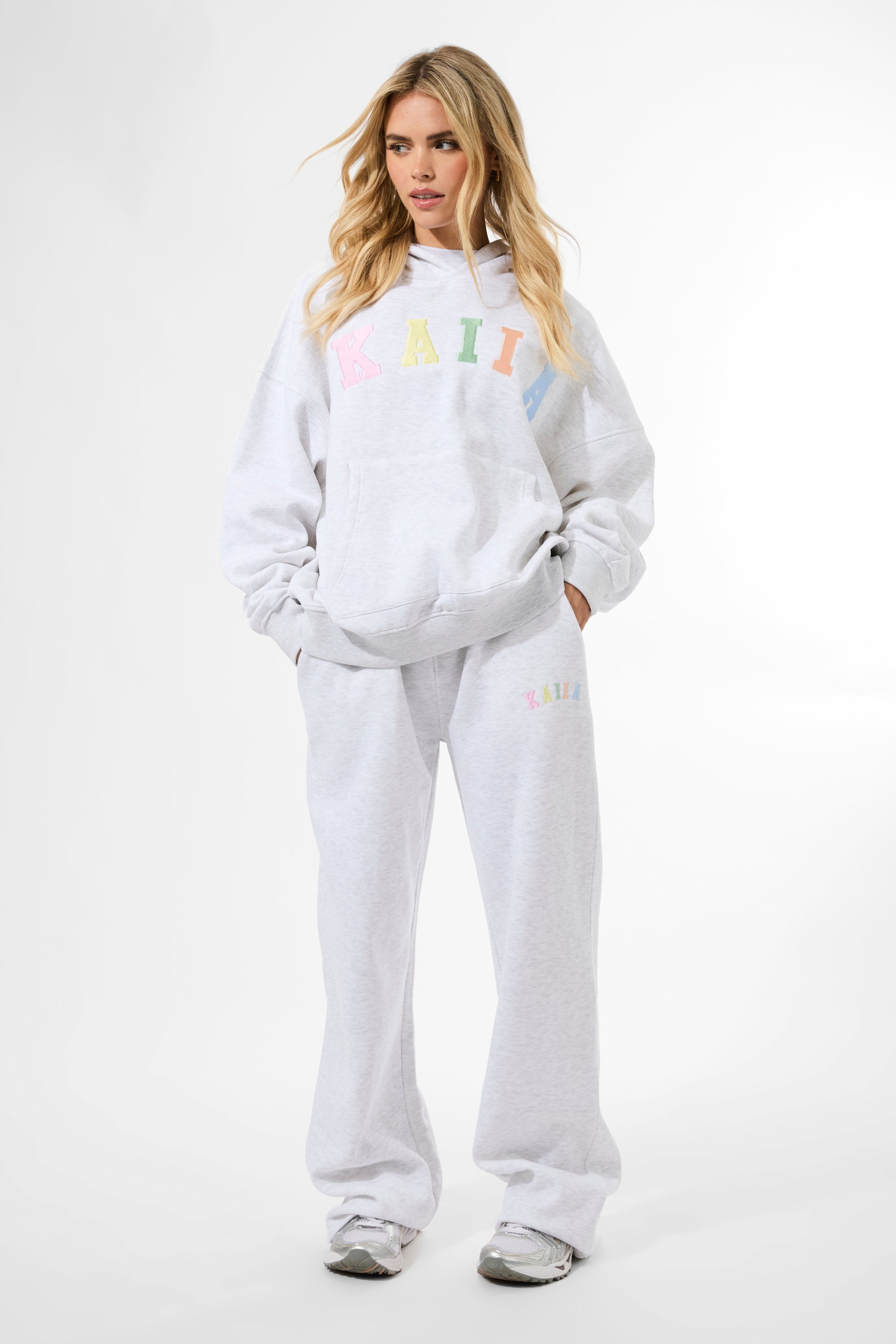 Kaiia Rainbow Logo Oversized Hoodie Light Grey Marl