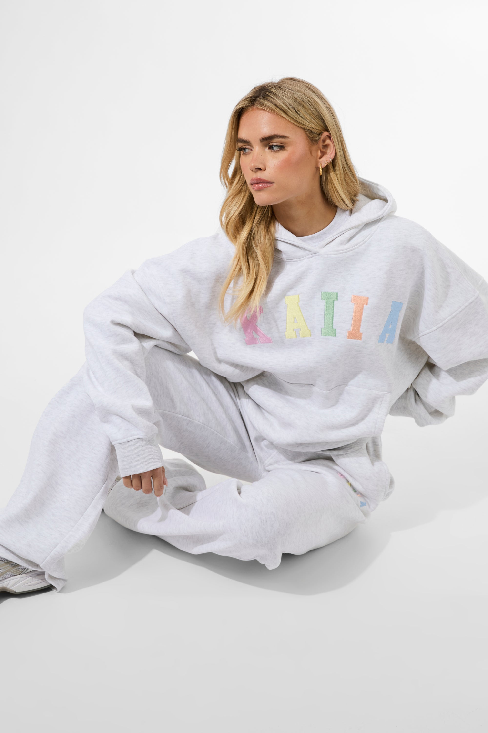 Kaiia Rainbow Logo Oversized Hoodie Light Grey Marl