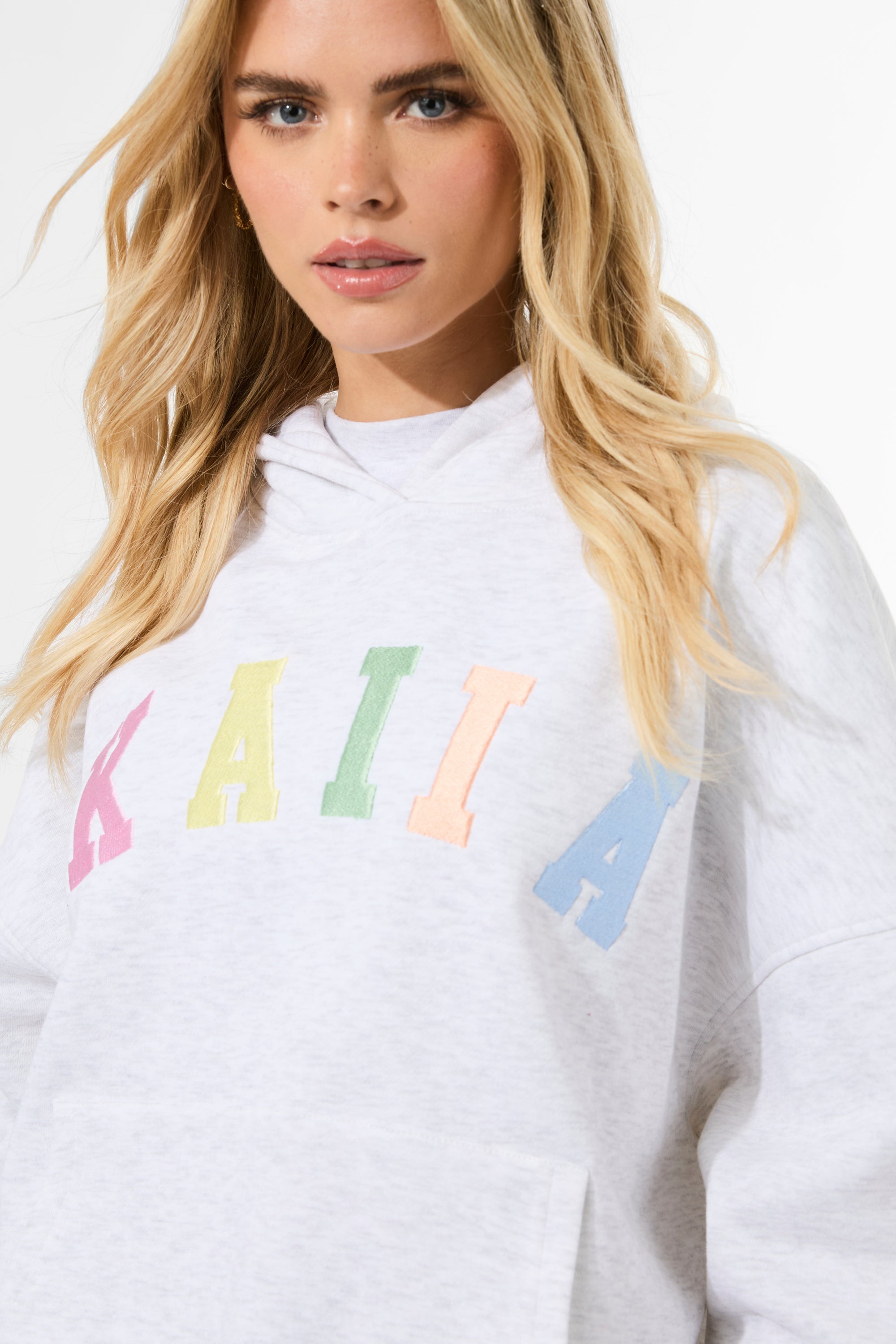 Kaiia Rainbow Logo Oversized Hoodie Light Grey Marl