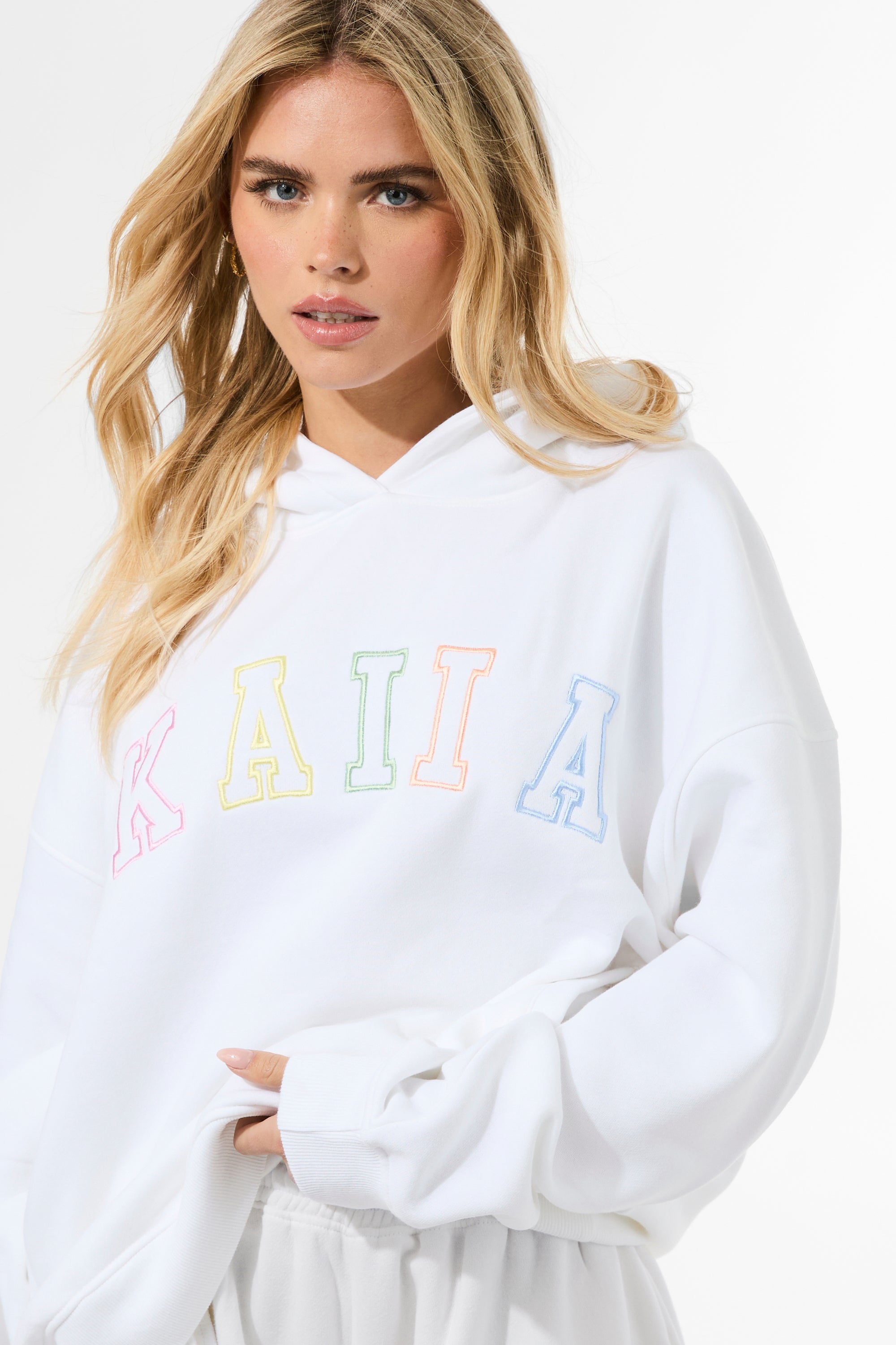 Kaiia Rainbow Logo Oversized Hoodie White