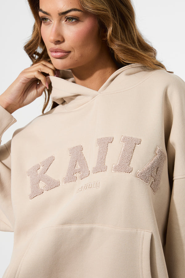 Kaiia Studio Borg Slogan Oversized Hoodie Truffle