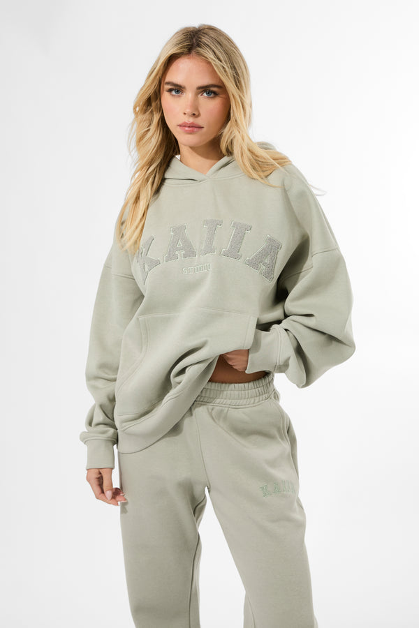 Kaiia Studio Borg Slogan Oversized Hoodie Matcha