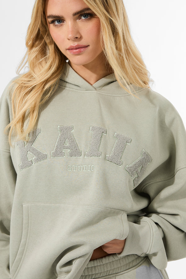 Kaiia Studio Borg Slogan Oversized Hoodie Matcha